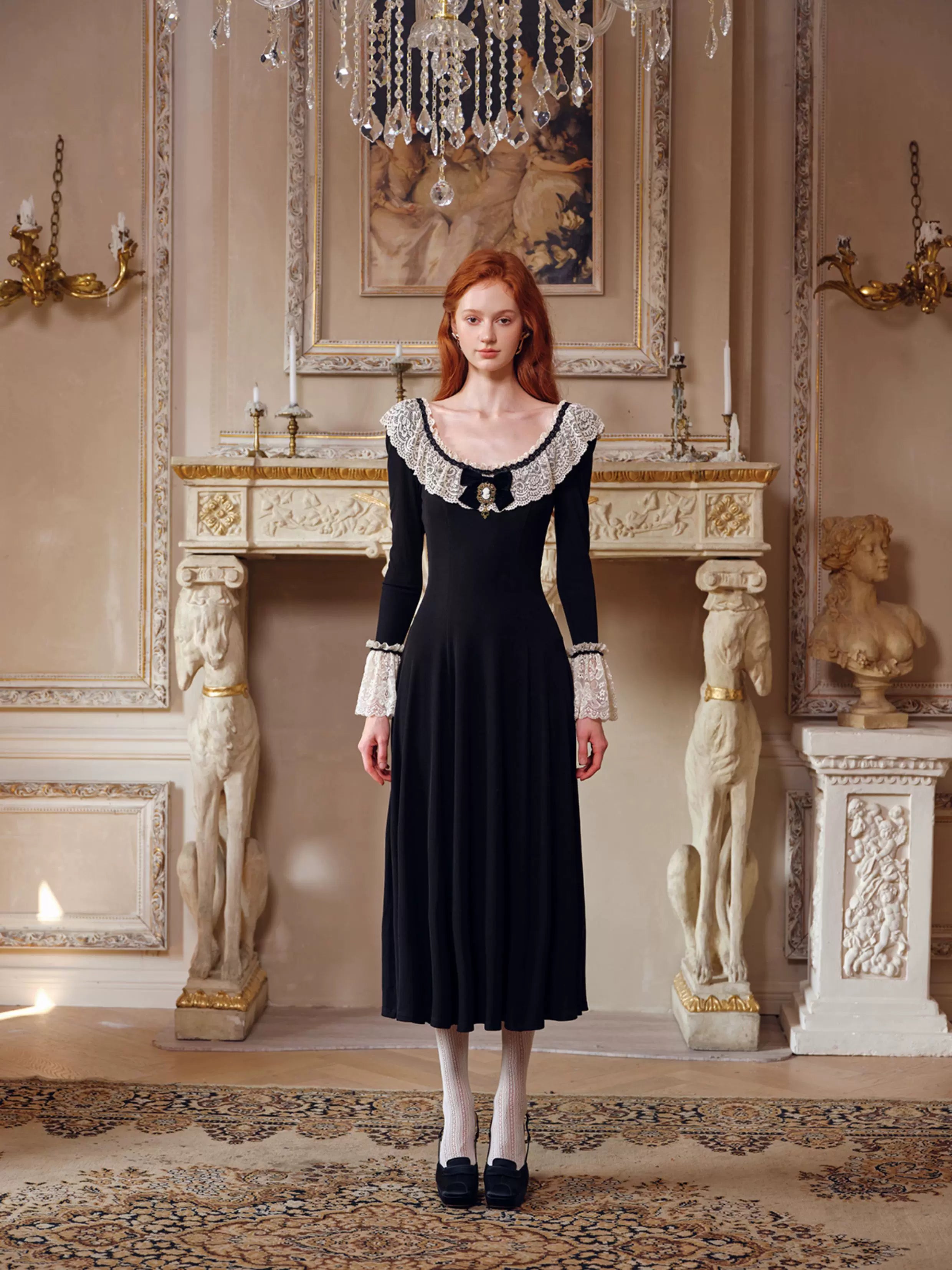 French Pastoral Black Knit Long-Sleeve Dress