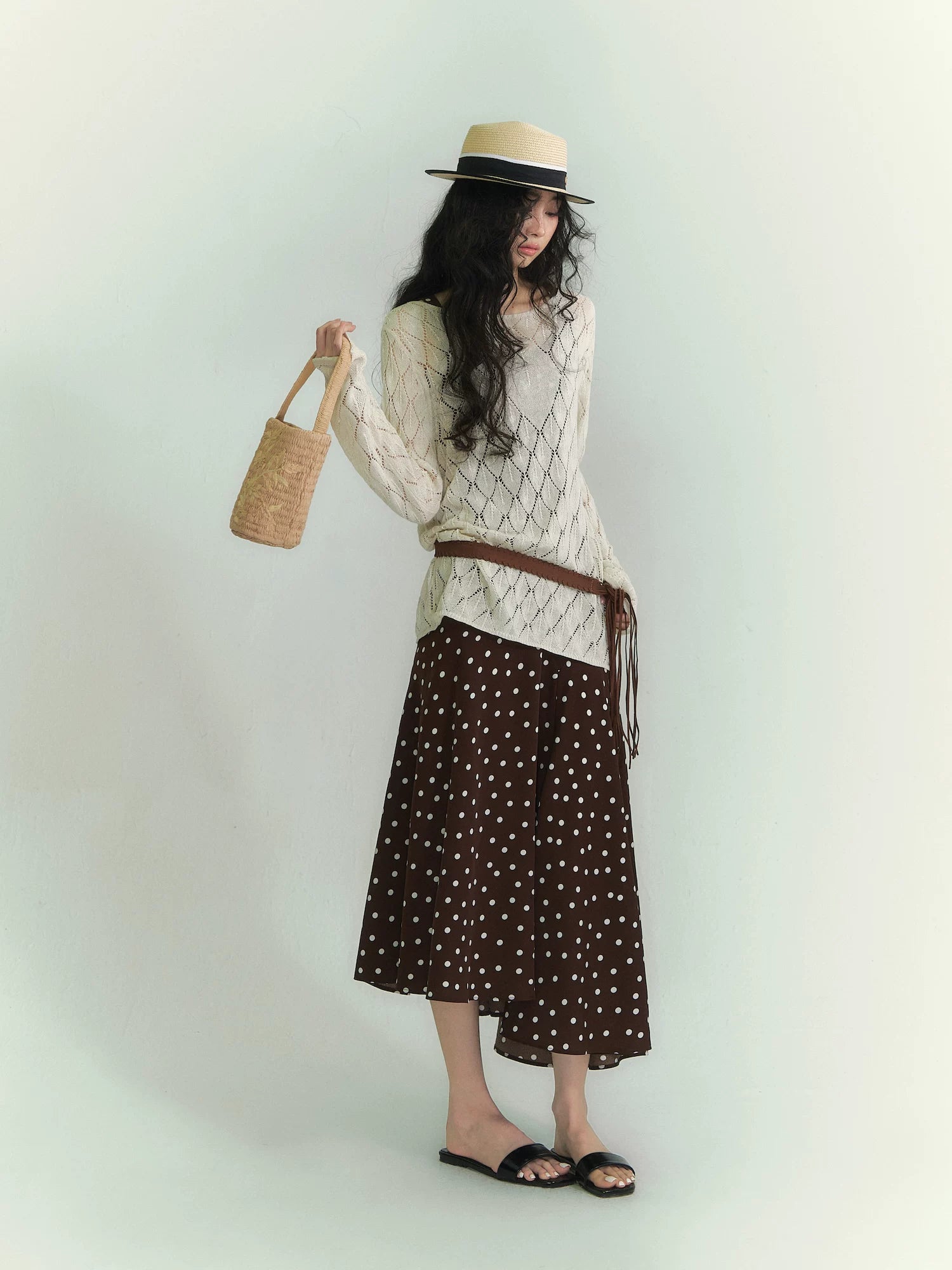 Openwork Diamond-Knit Washi Yarn Long-Sleeve Top