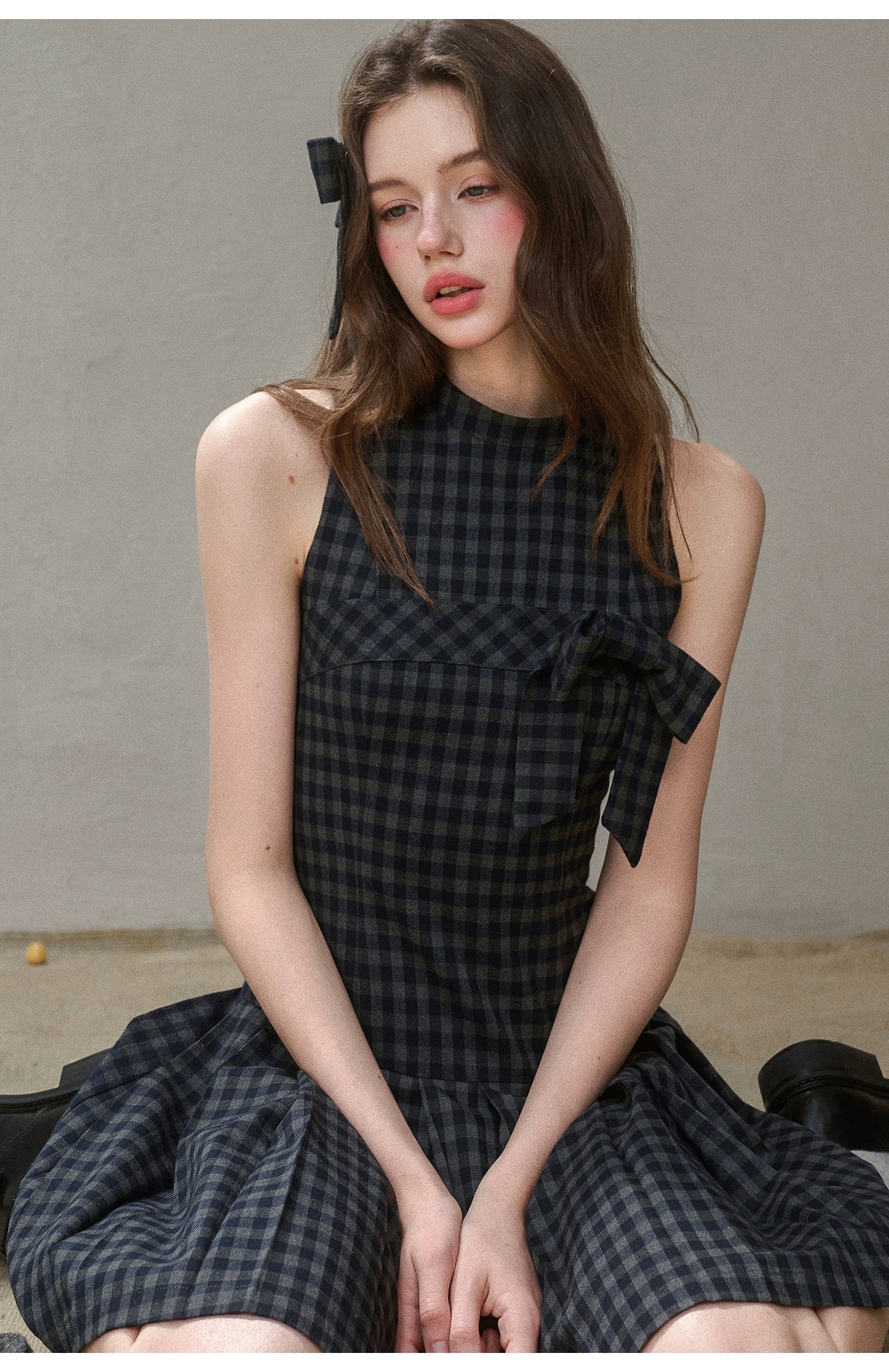 Bow Halter Checked Pleated Dress - CHINASQUAD