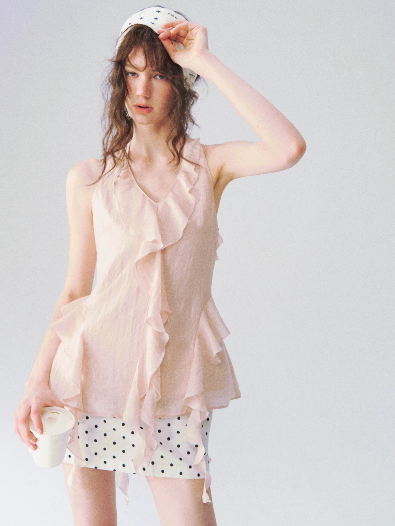 Elegant Linen-Blend Ruffled Halter V-Neck Top