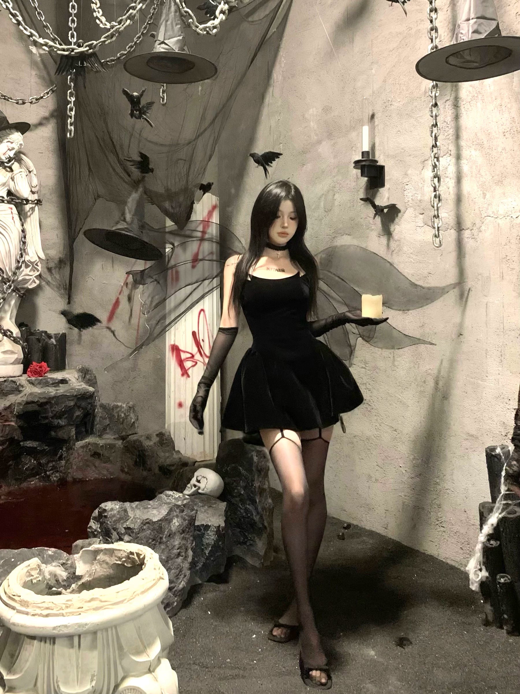 Devil’s Kiss Strapless Velvet Puff Dress