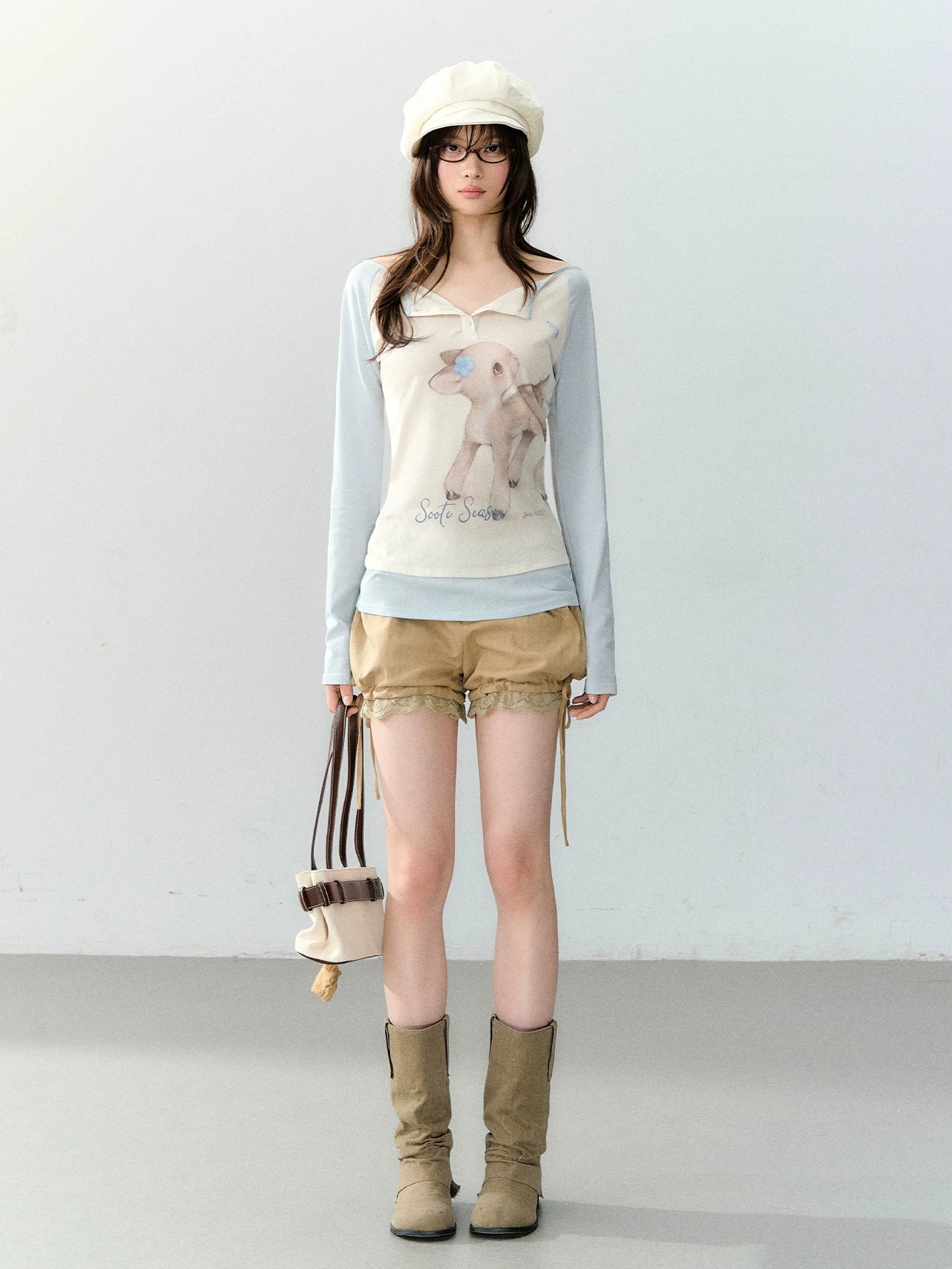 Khaki Lyocell Lace-Trim Tie Lantern Shorts
