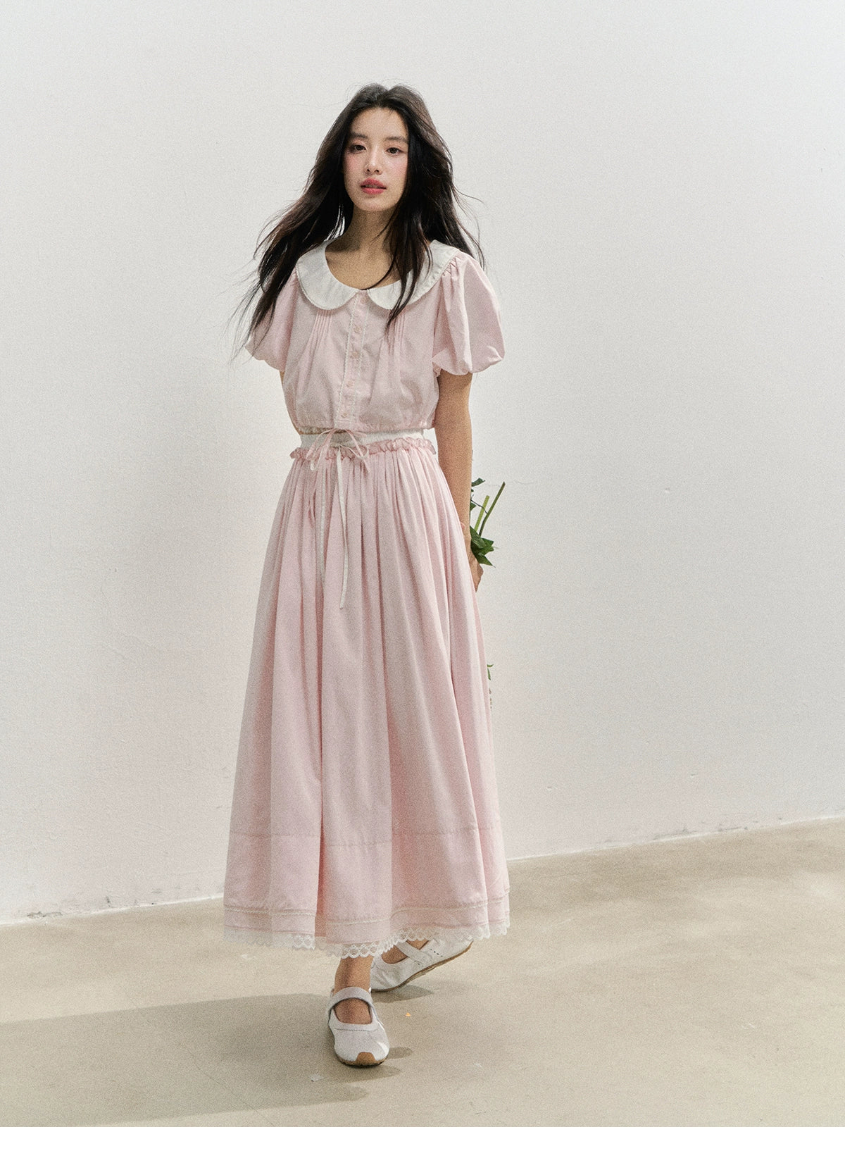 Pink Doll Collar Cropped Shirt & Skirt Set - CHINASQUAD
