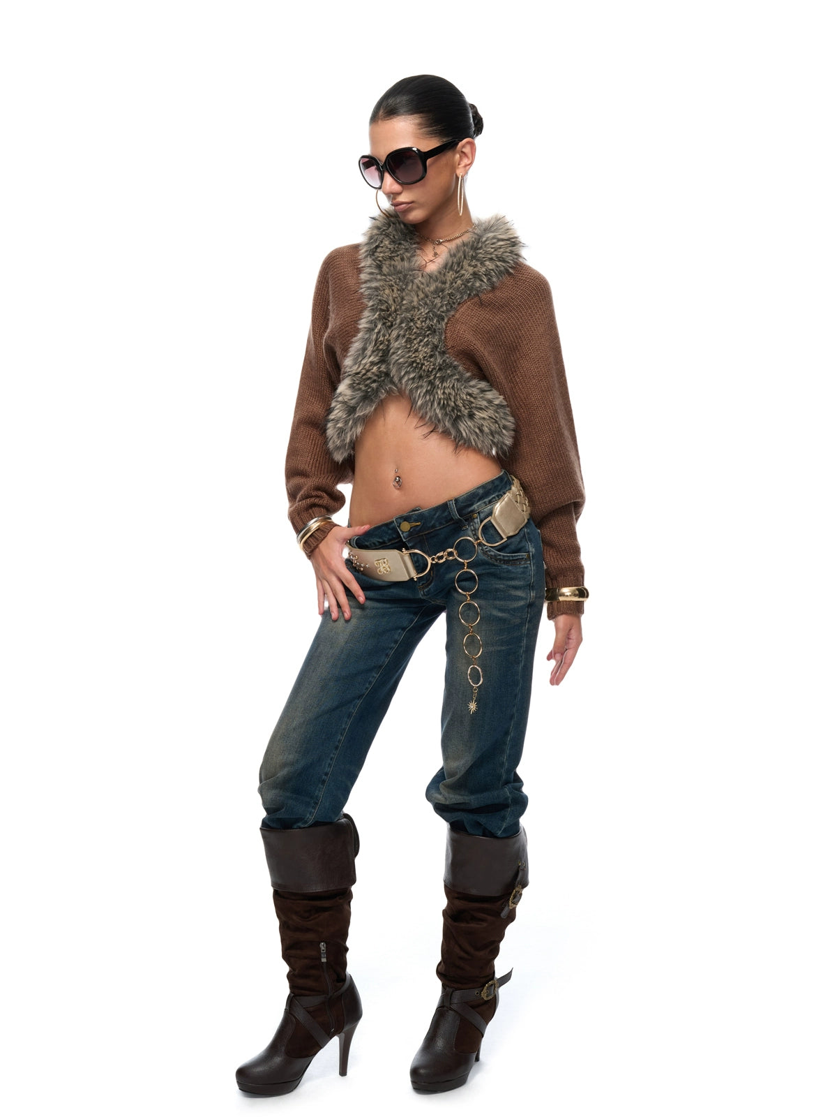 Faux-Fur Collar Cropped Knit Cardigan