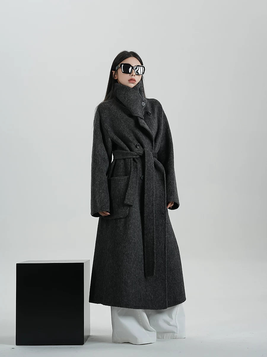 High-Neck Long Wool Coat