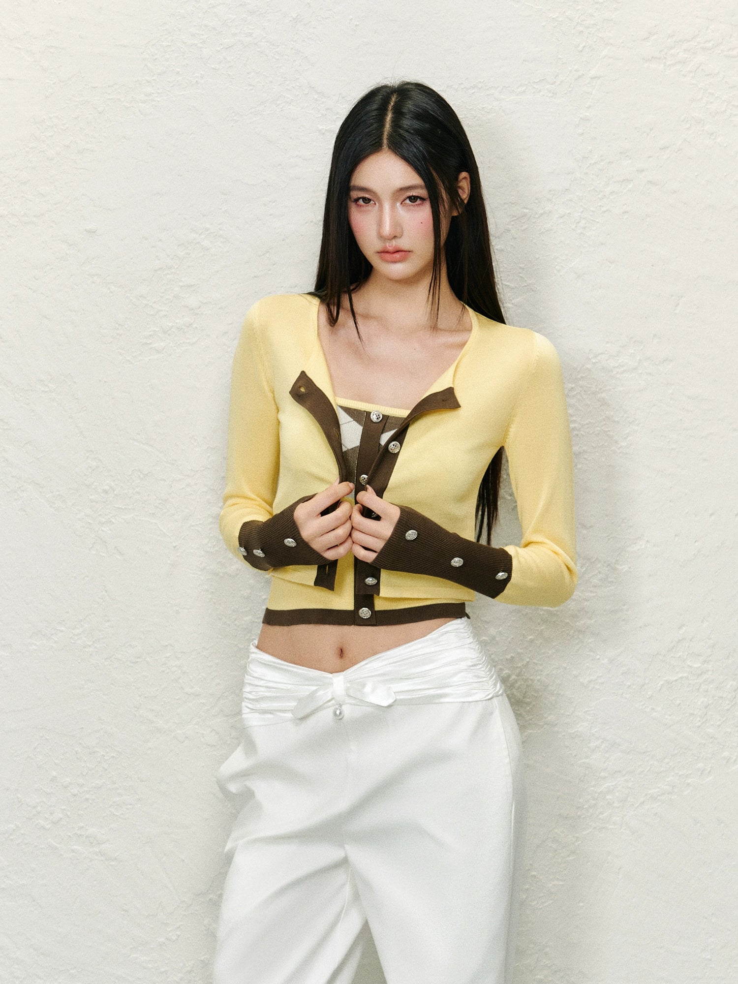 Diamond Color-Blocked Round Neck Knitted Cardigan Set - CHINASQUAD