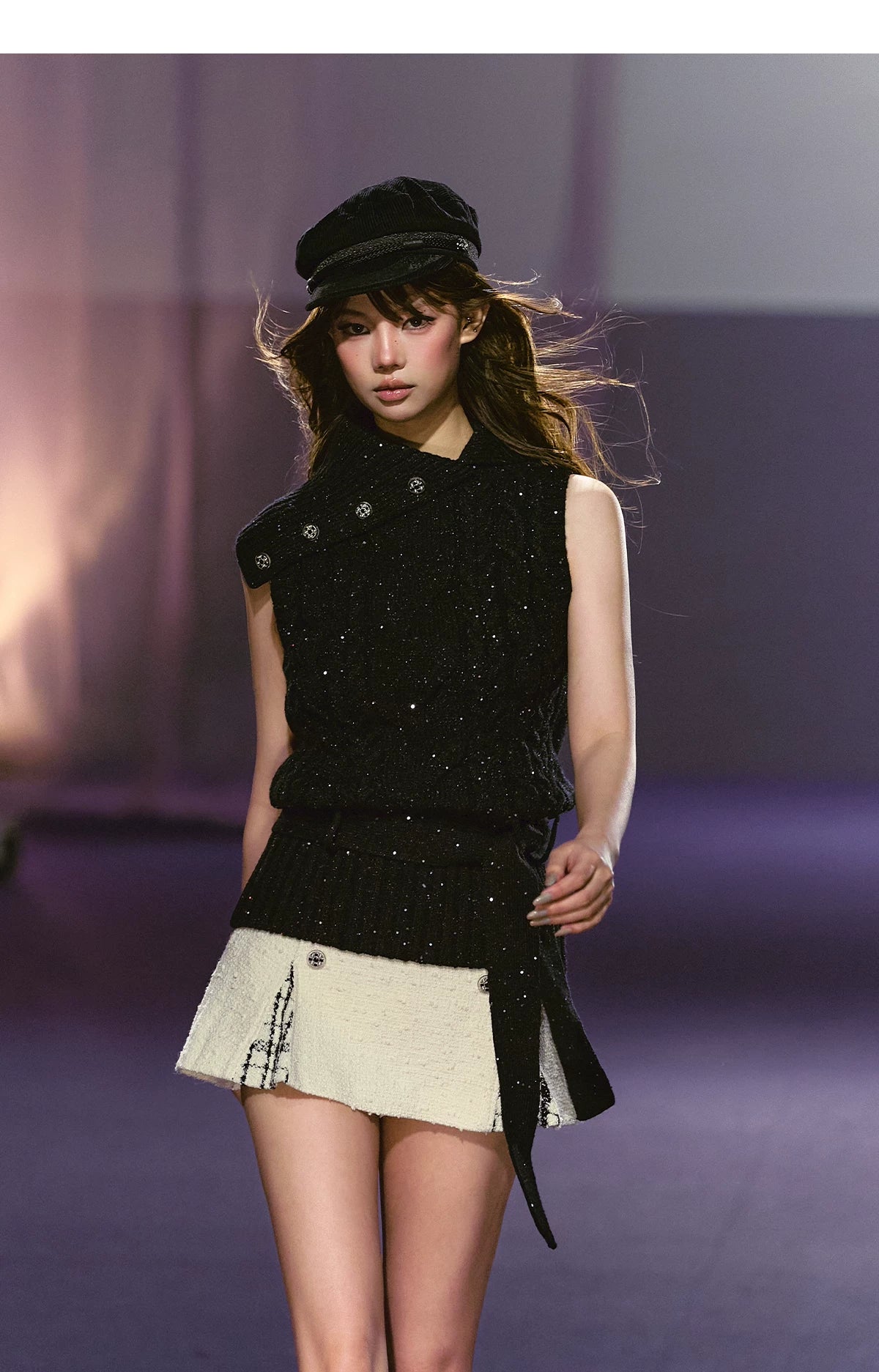 Tailored Double-Breasted Sequin Patchwork Pleated Mini Skirt