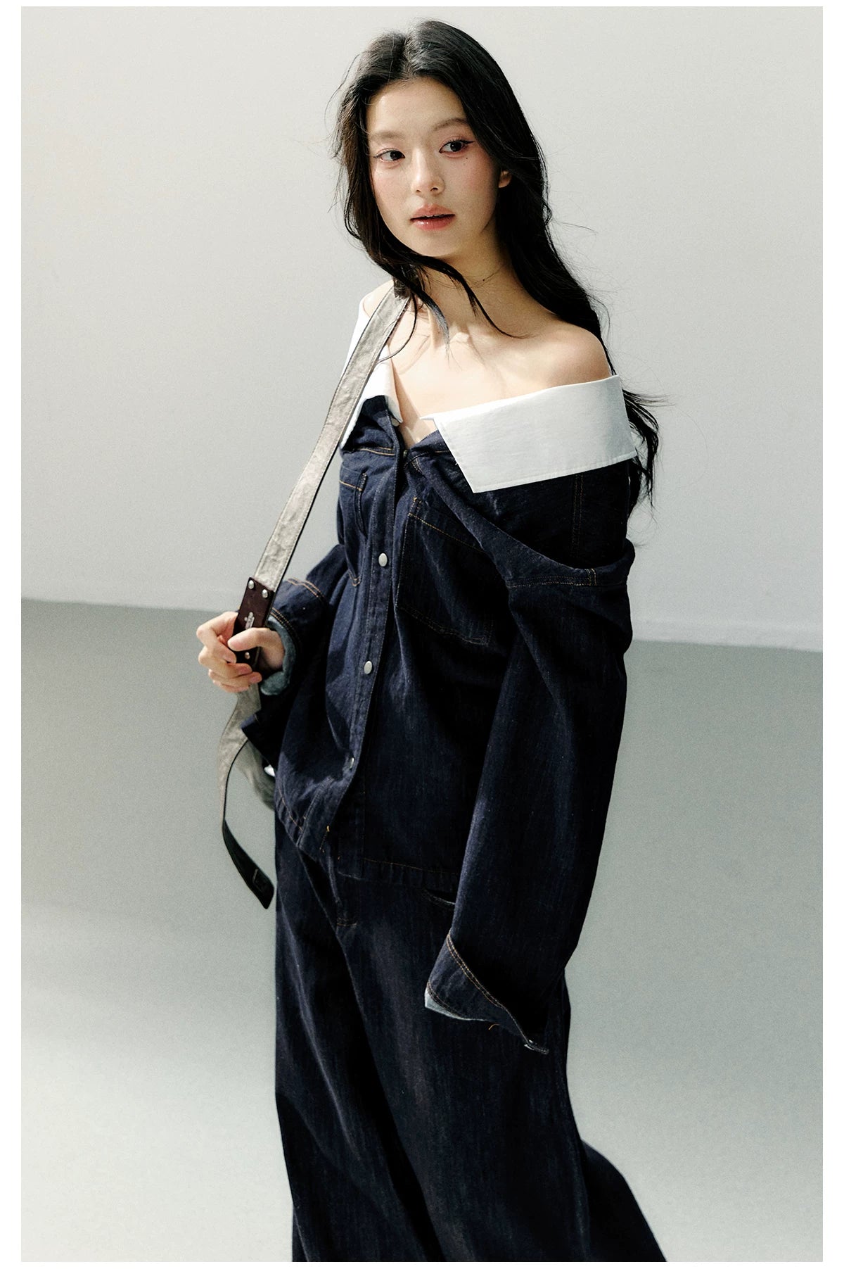 Off-Shoulder Denim Long Sleeve Shirt
