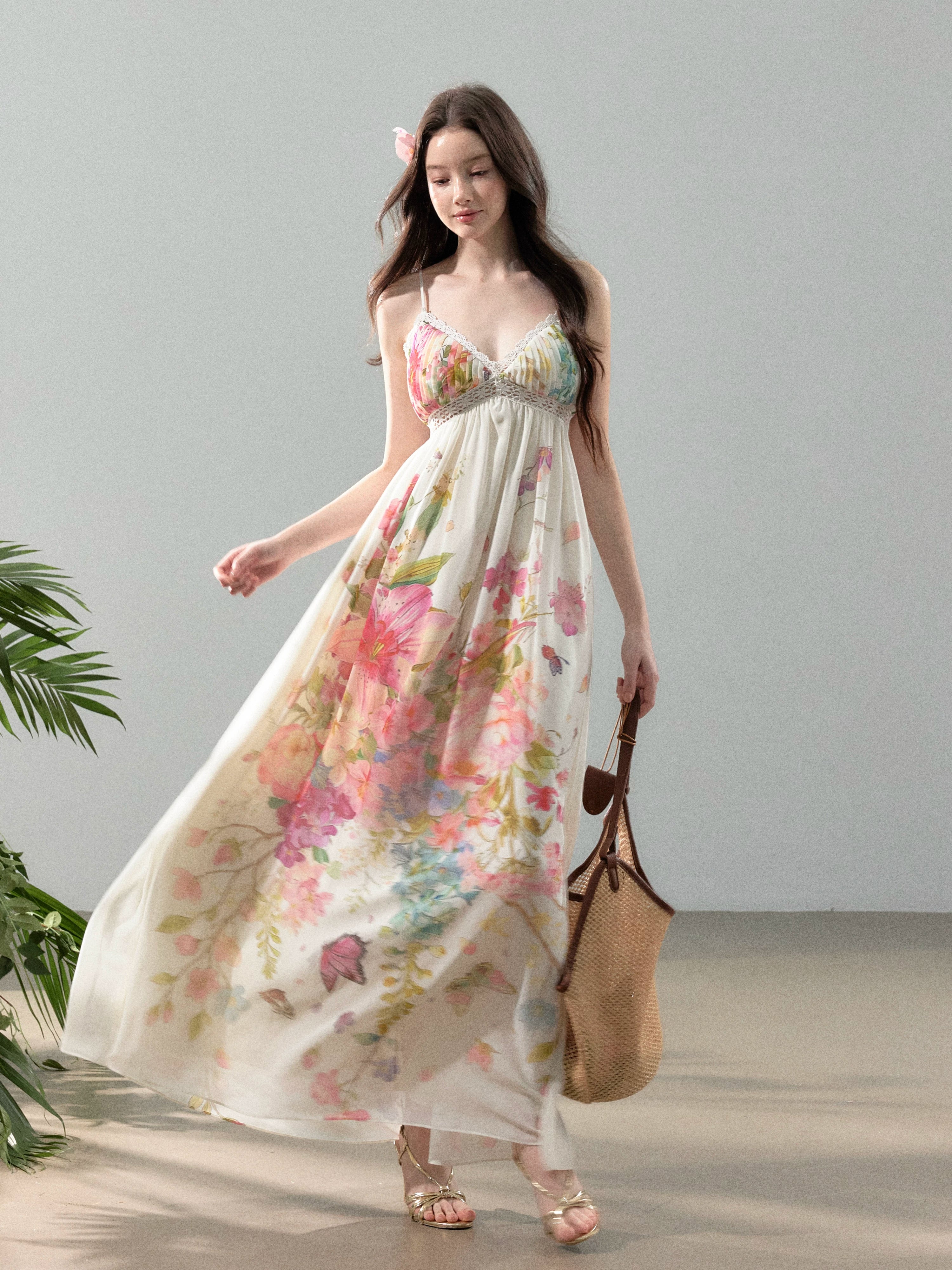 Blooming Vine Floral Chiffon Slip Maxi Dress
