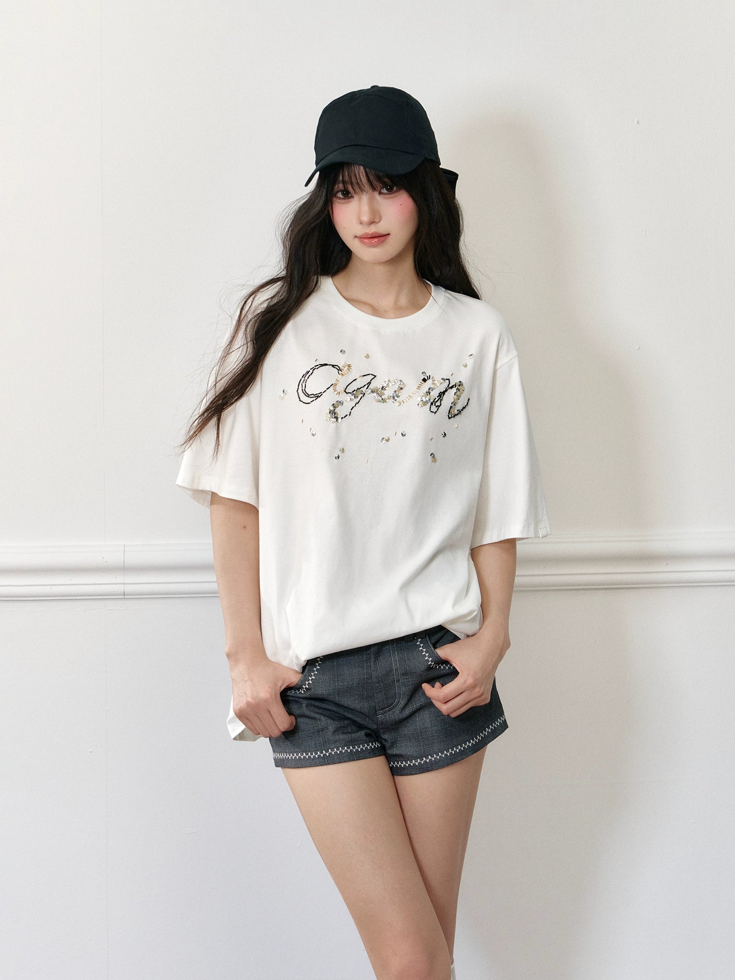 LOGO Bead Embroidered Short Sleeve T-shirt - CHINASQUAD