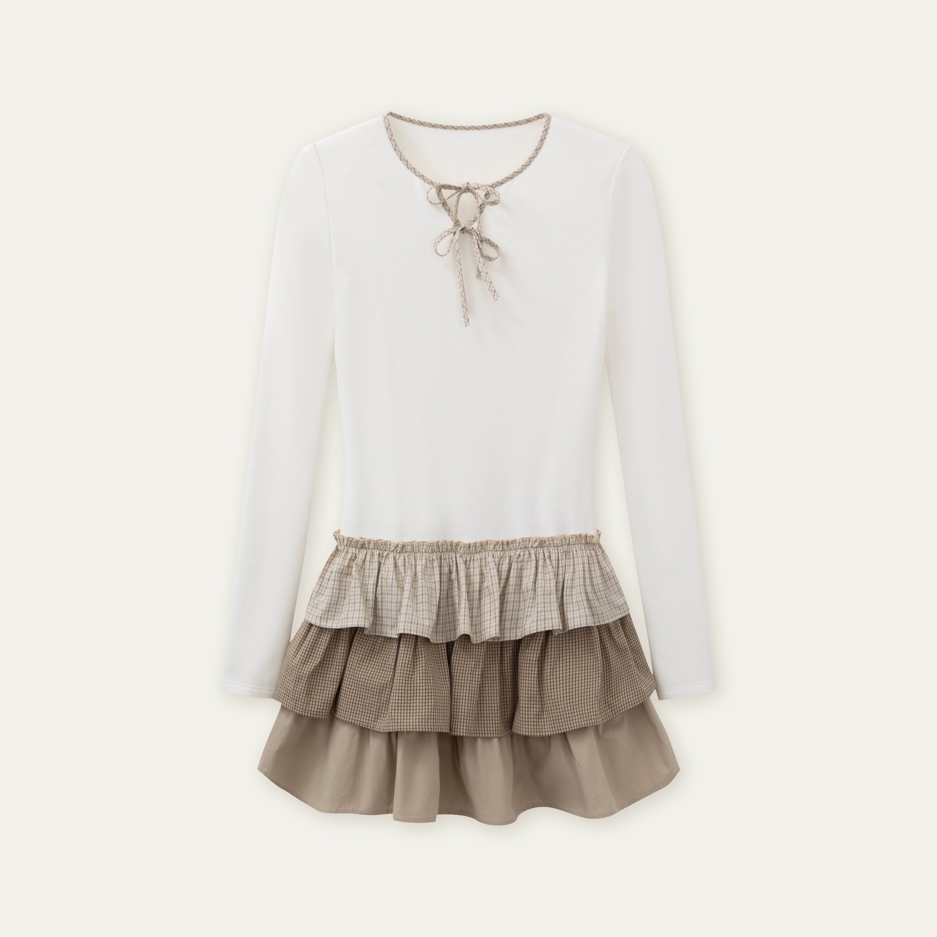 Layered Knit Plaid Tiered Puff Dress