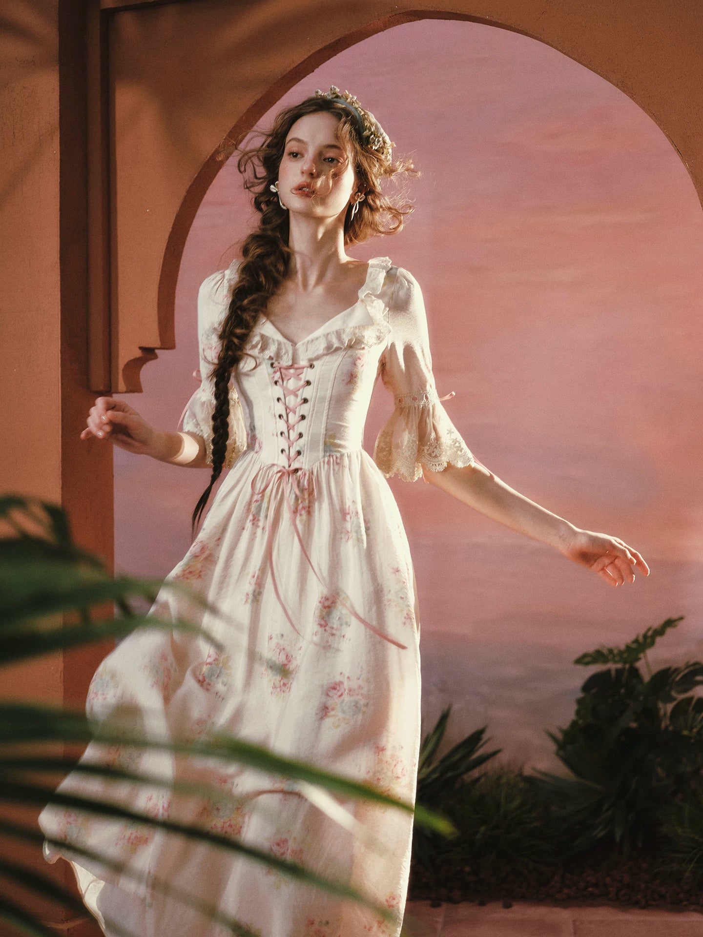 Palm Garden French Countryside Floral Midi Dress