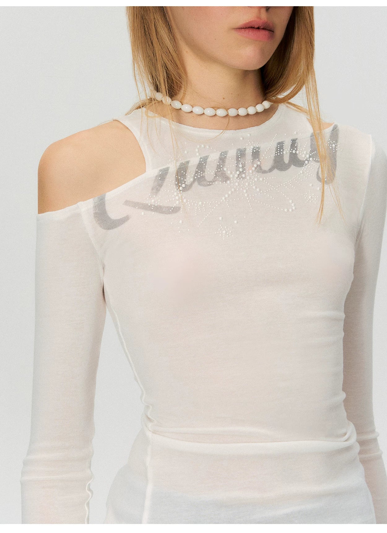 Asymmetric Rhinestone Graphic Cut-Out Slim Fit Top