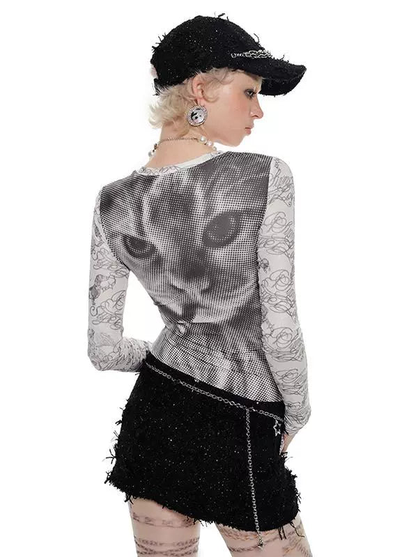 Black & White Full-Print Mesh Top - CHINASQUAD