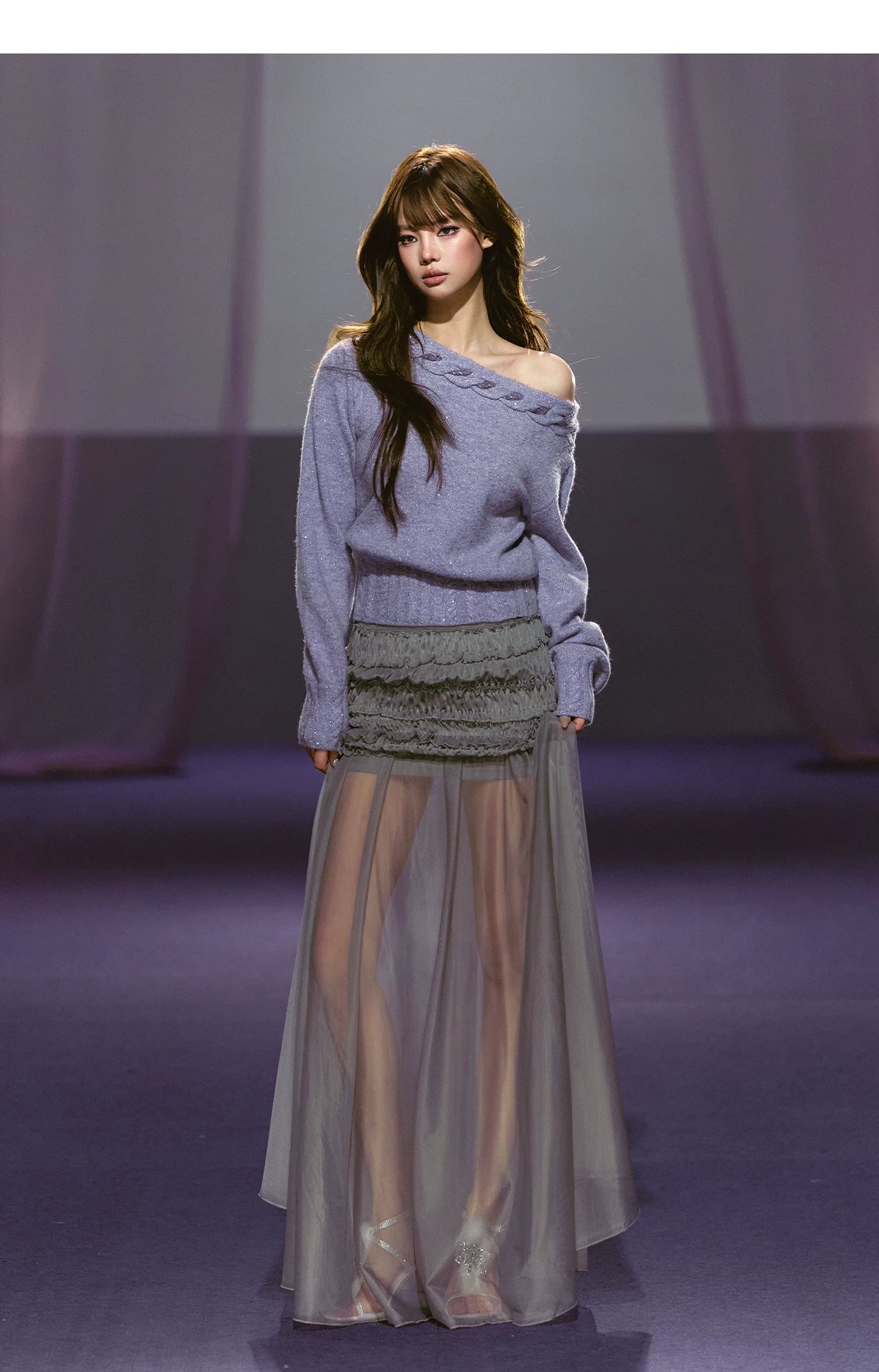 Ruched Semi-Sheer Mesh Maxi Skirt