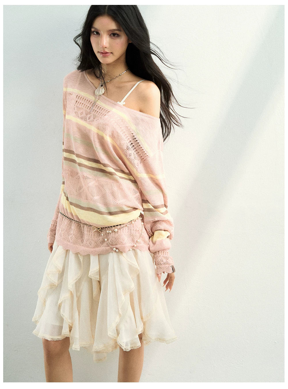 Color-Block Open Knit Stripe Blouse