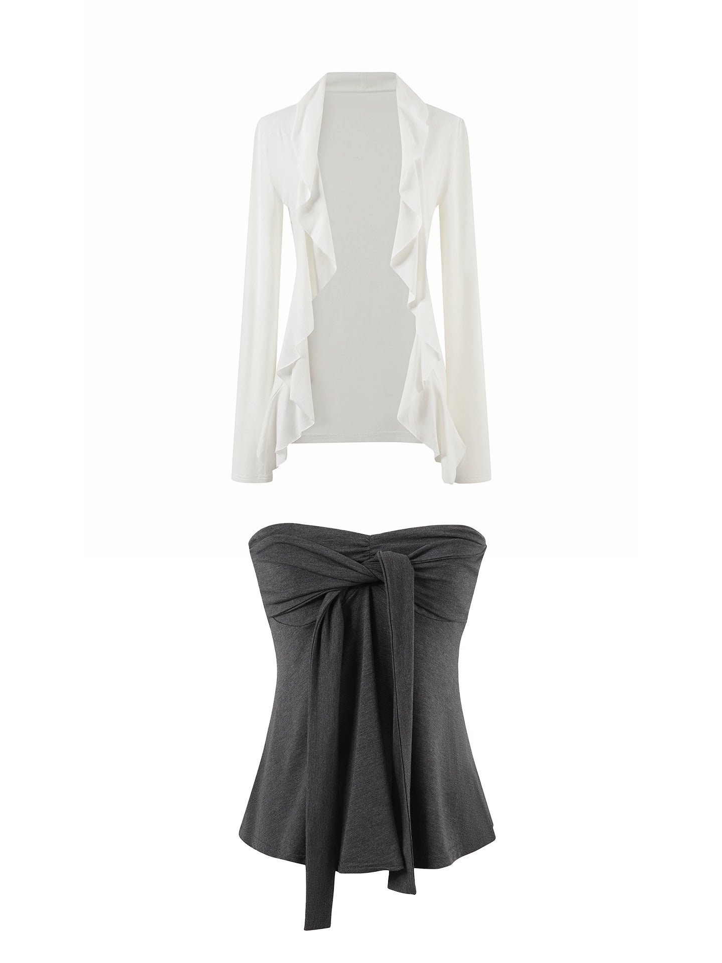 Layered Ruffle-Edge Cardigan & Tube Top Set - CHINASQUAD