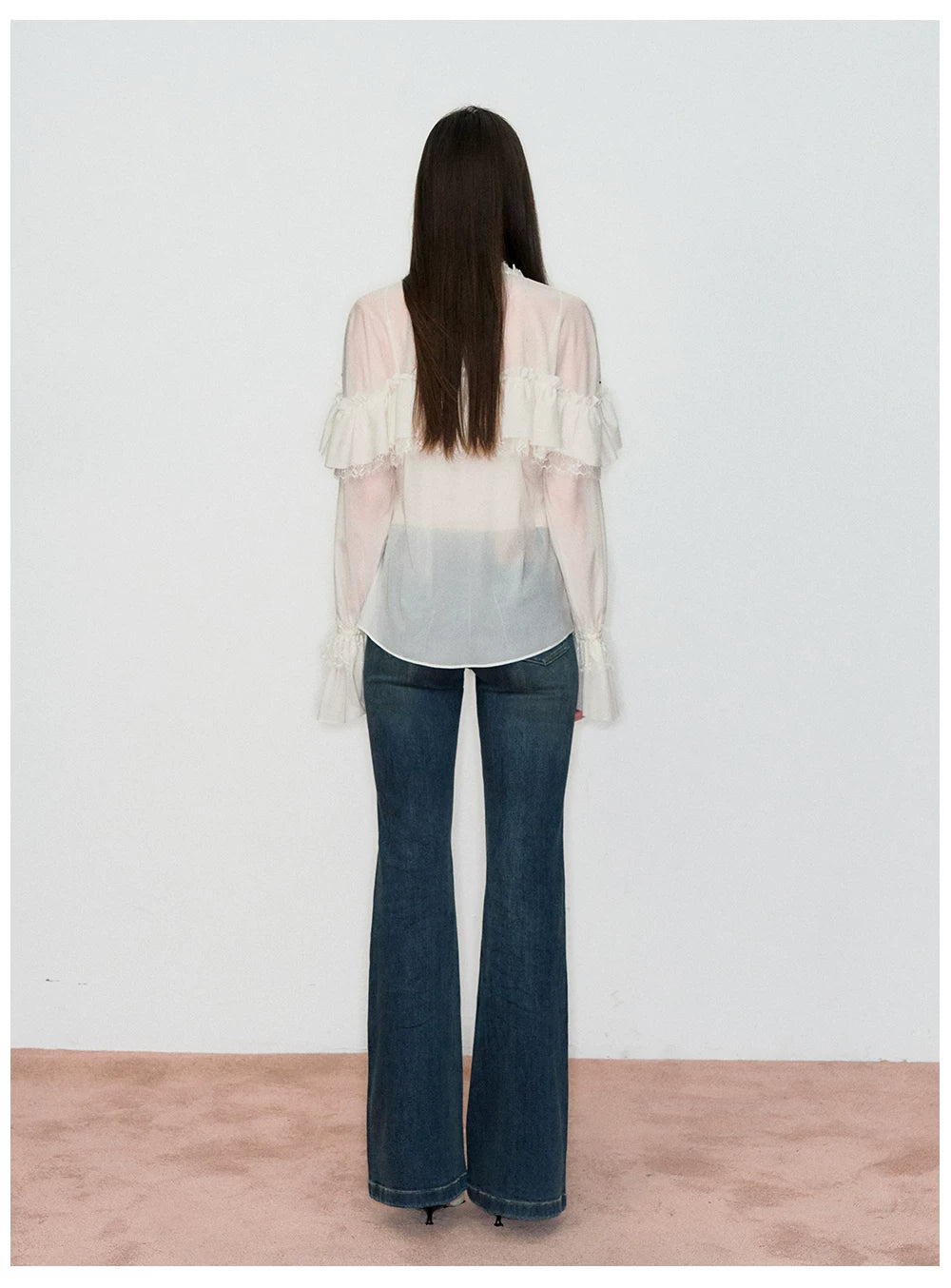 Sheer Lace-Trim Tie Blouse