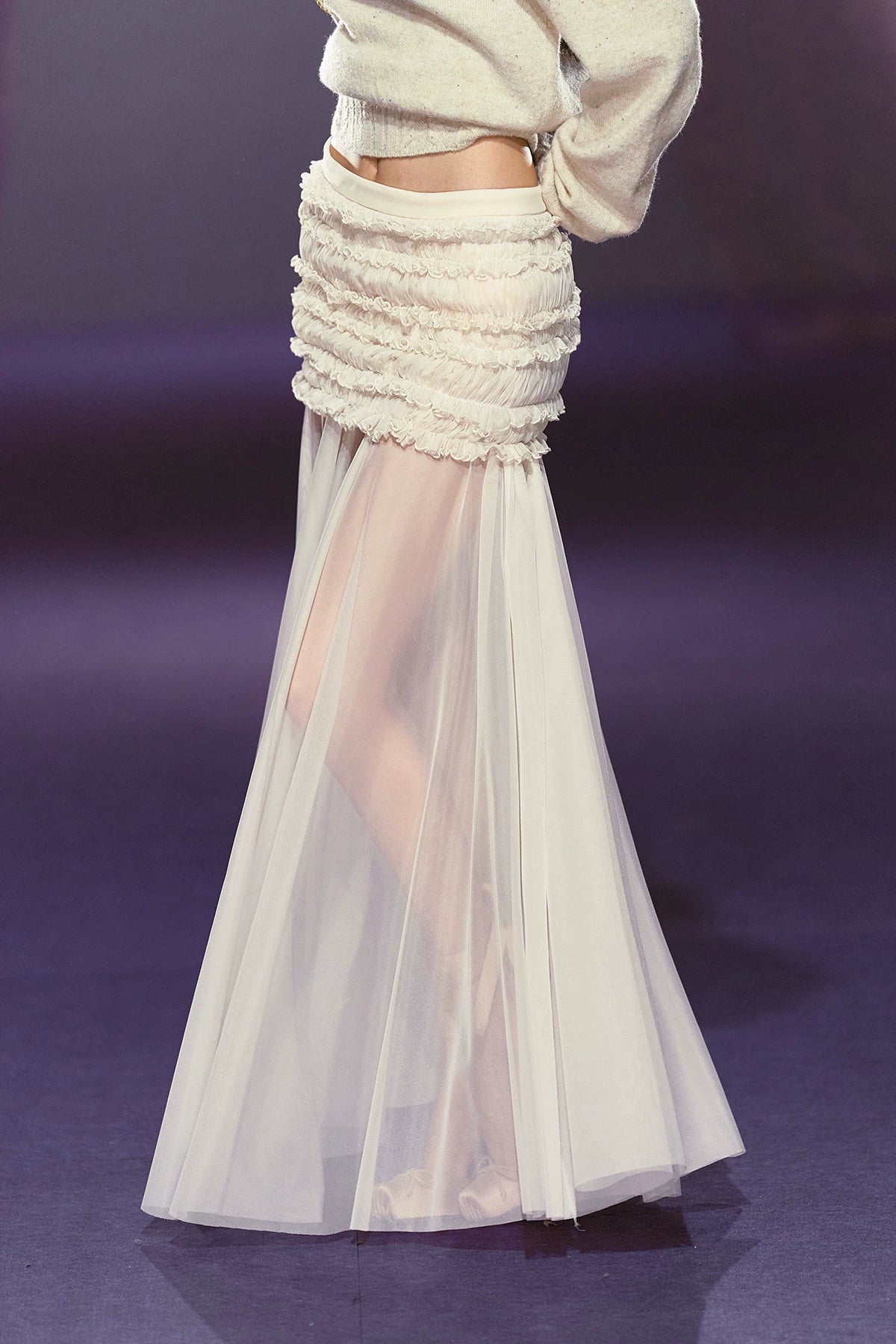 Ruched Semi-Sheer Mesh Maxi Skirt