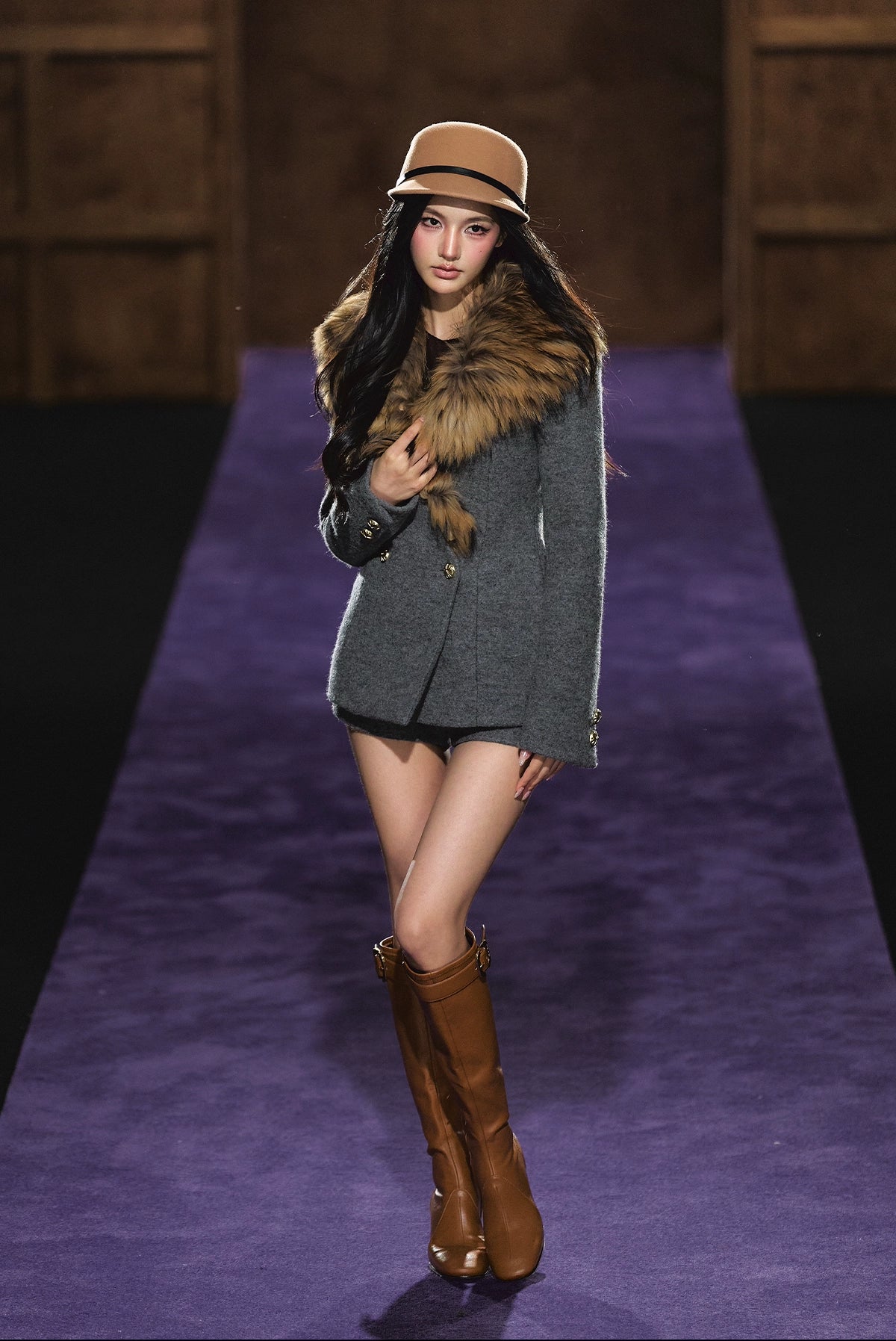 Detachable Fur Collar Wool Tailored Blazer & Shorts Set