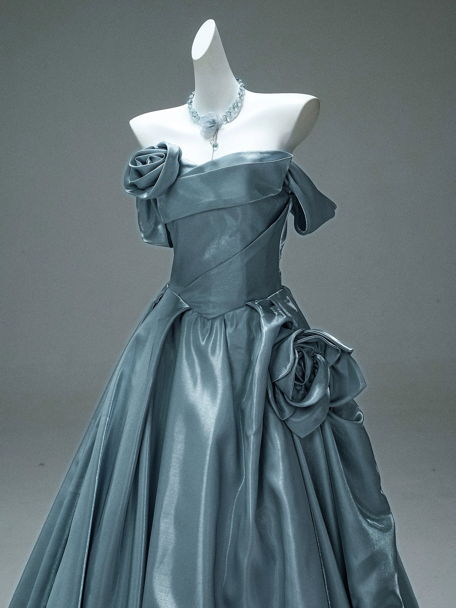Satin Off-Shoulder Gown with Sculpted Roses