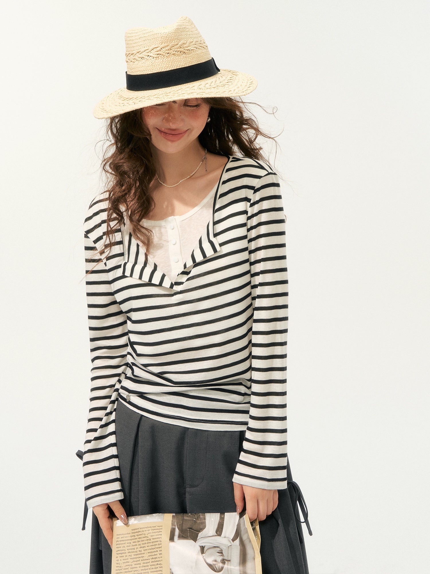 Fake Two-Piece Striped V-Neck Blouse - CHINASQUAD