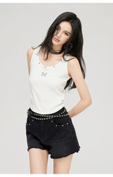 Black & Blue Frayed Denim Shorts - CHINASQUAD