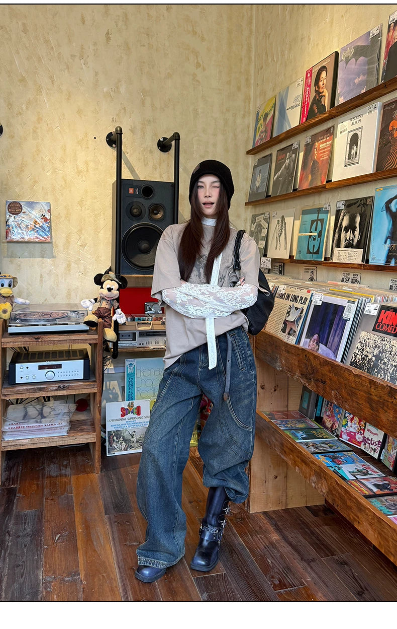 Vintage Washed Panelled Fleece-Lined Denim Pants