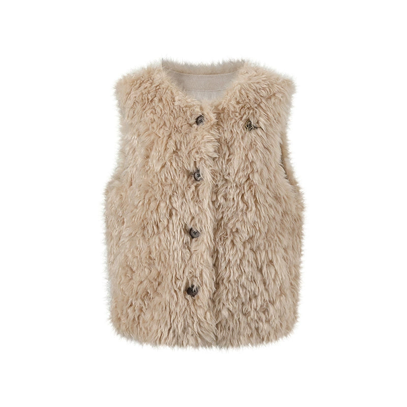 Curly Faux Shearling Brooch Vest - CHINASQUAD