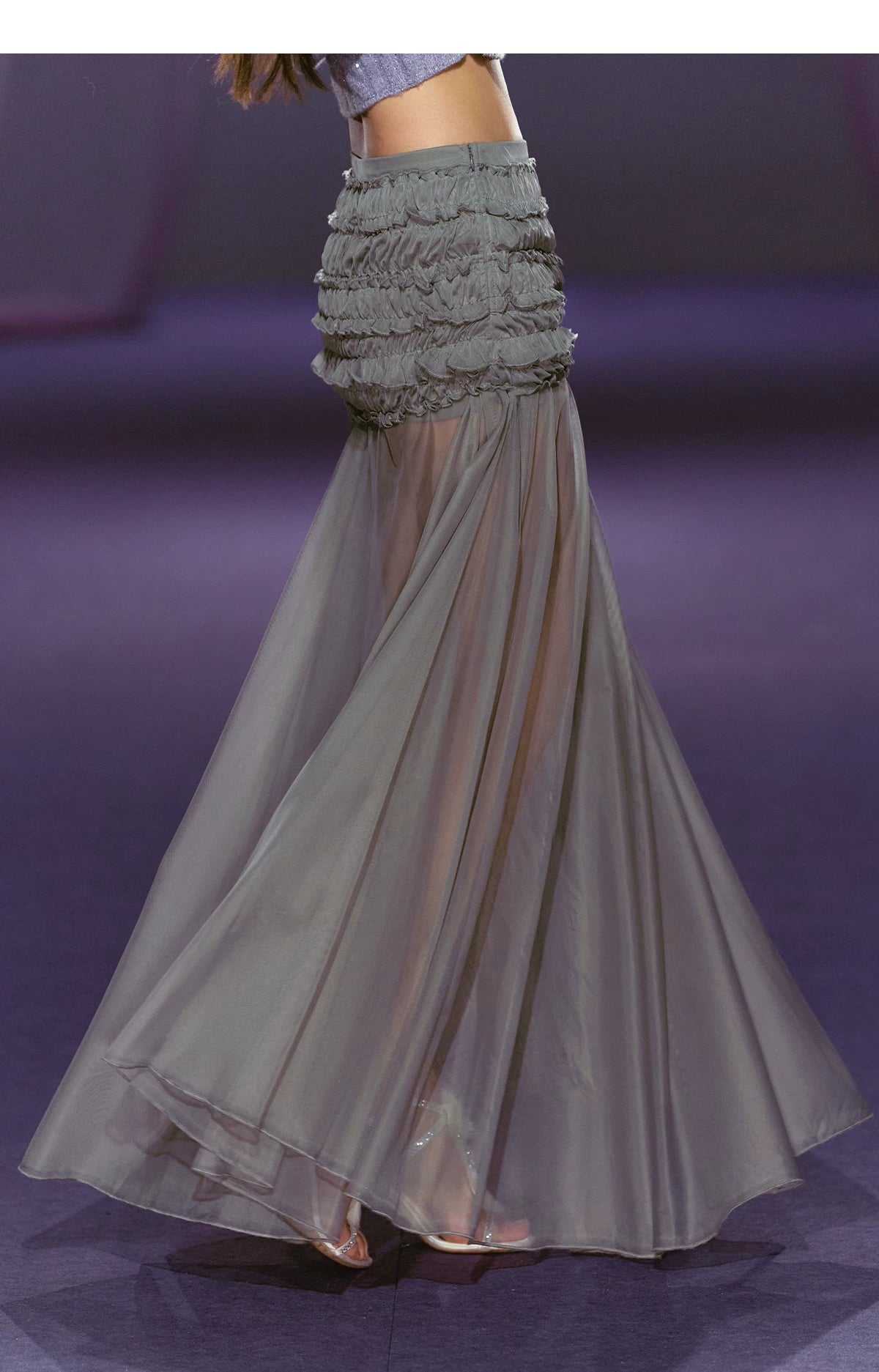 Ruched Semi-Sheer Mesh Maxi Skirt