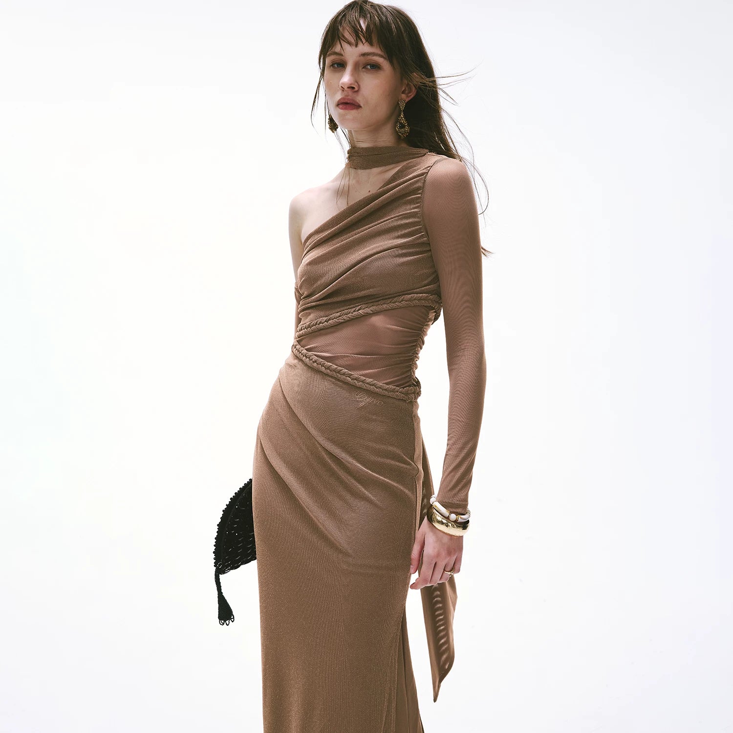 Vintage One-Shoulder Braided Ruched Maxi Dress