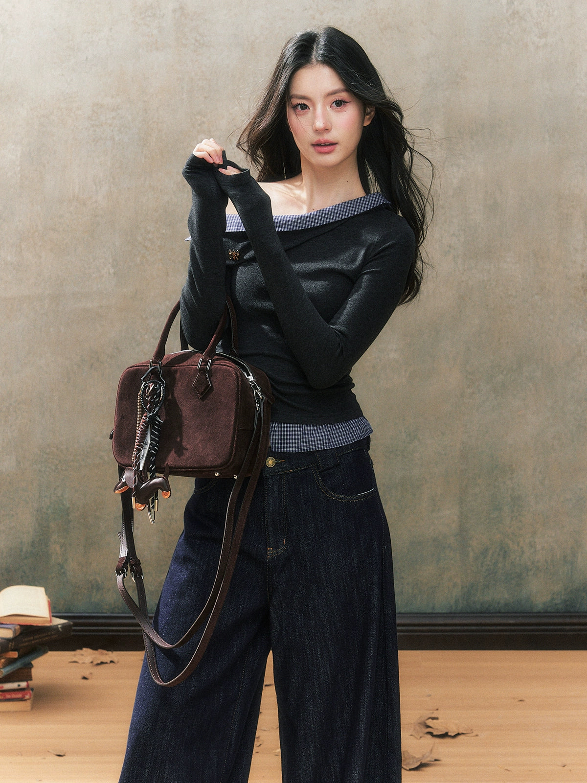 Off-Shoulder Plaid Patchwork Blouse - CHINASQUAD