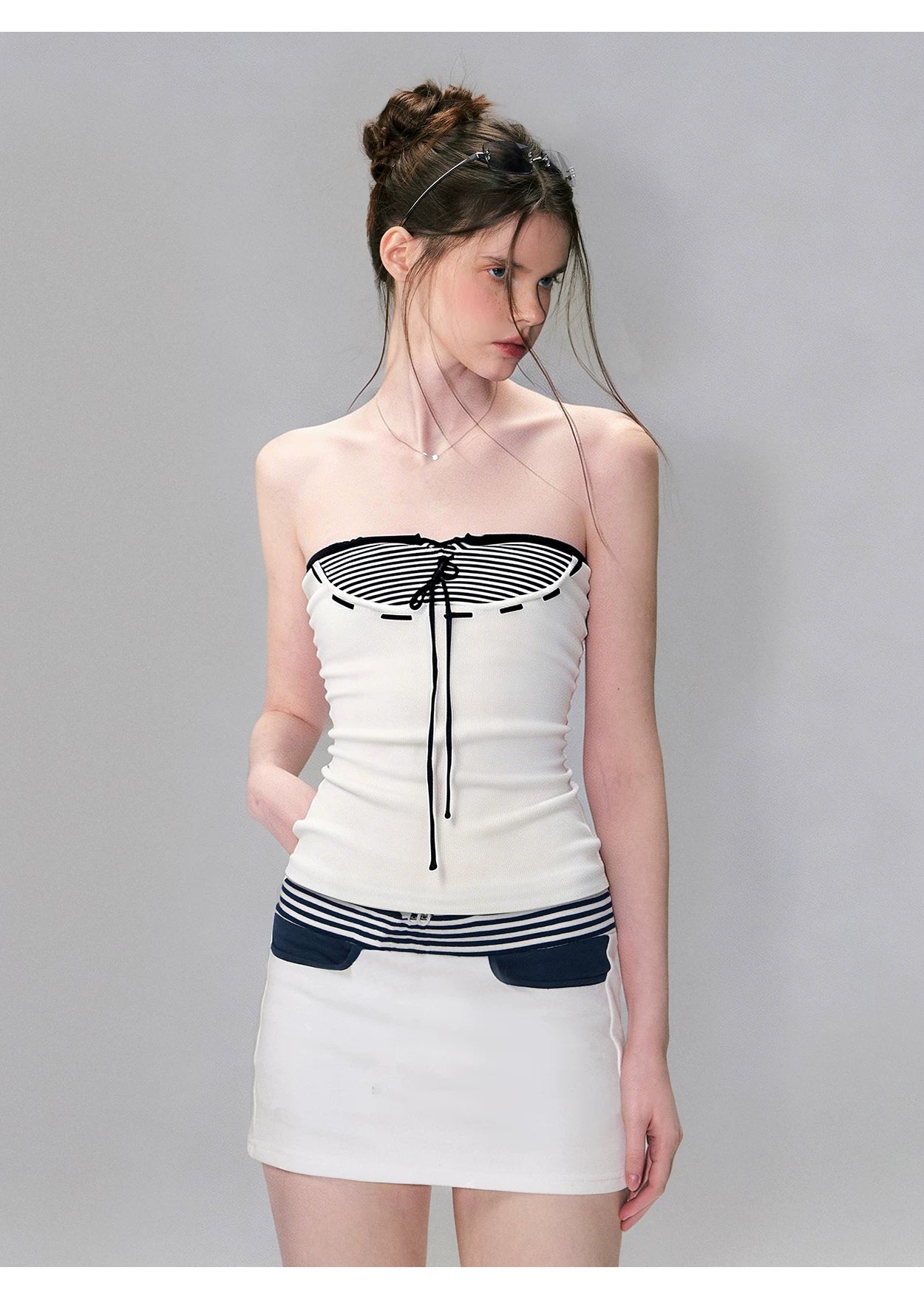 Vintage Contrast Stripe Lace-Up Bandeau Top