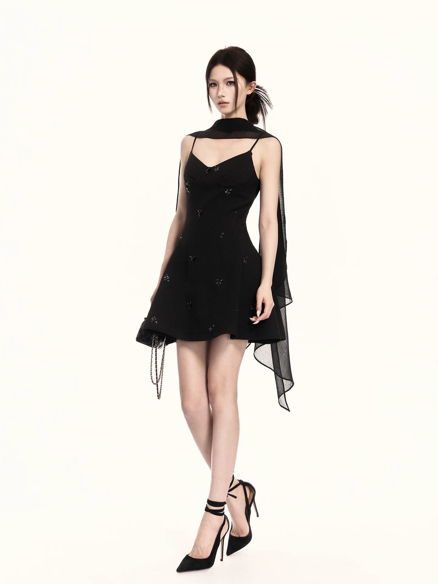 Midnight Embroidered Draped Two-Piece Dress Set
