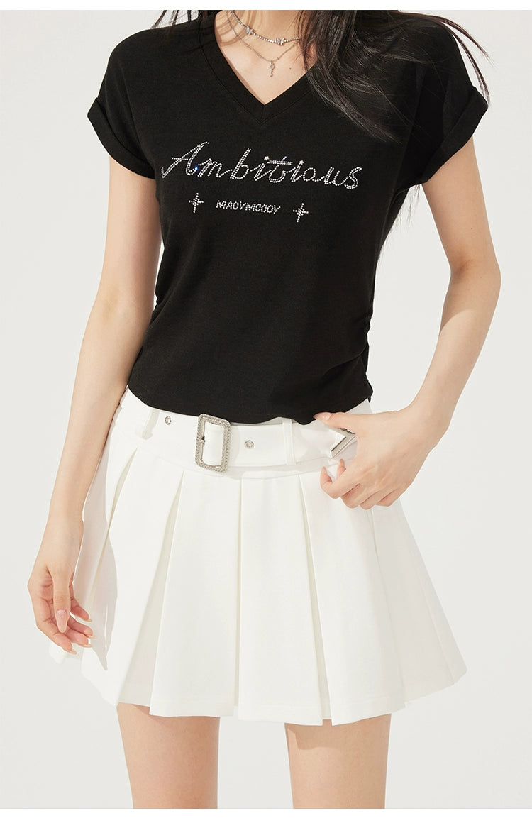 V-neck Waist-cinching Rhinestone Tee
