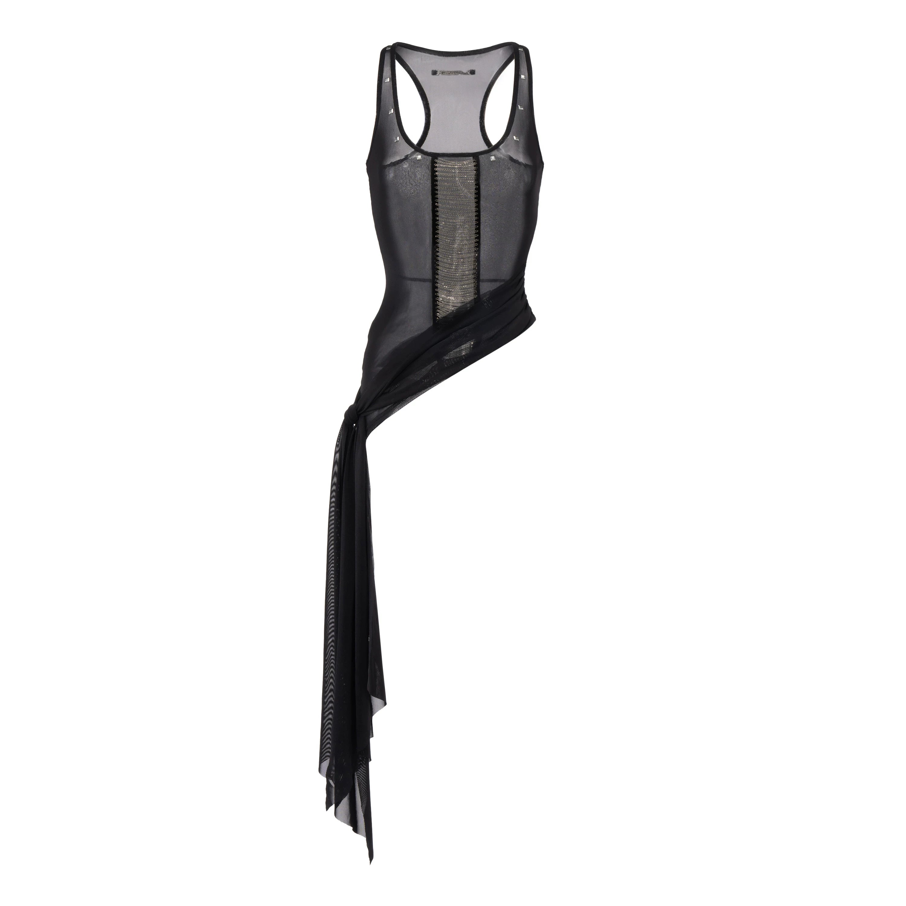 Asymmetric Sheer Mesh Chain Detail Tank Top