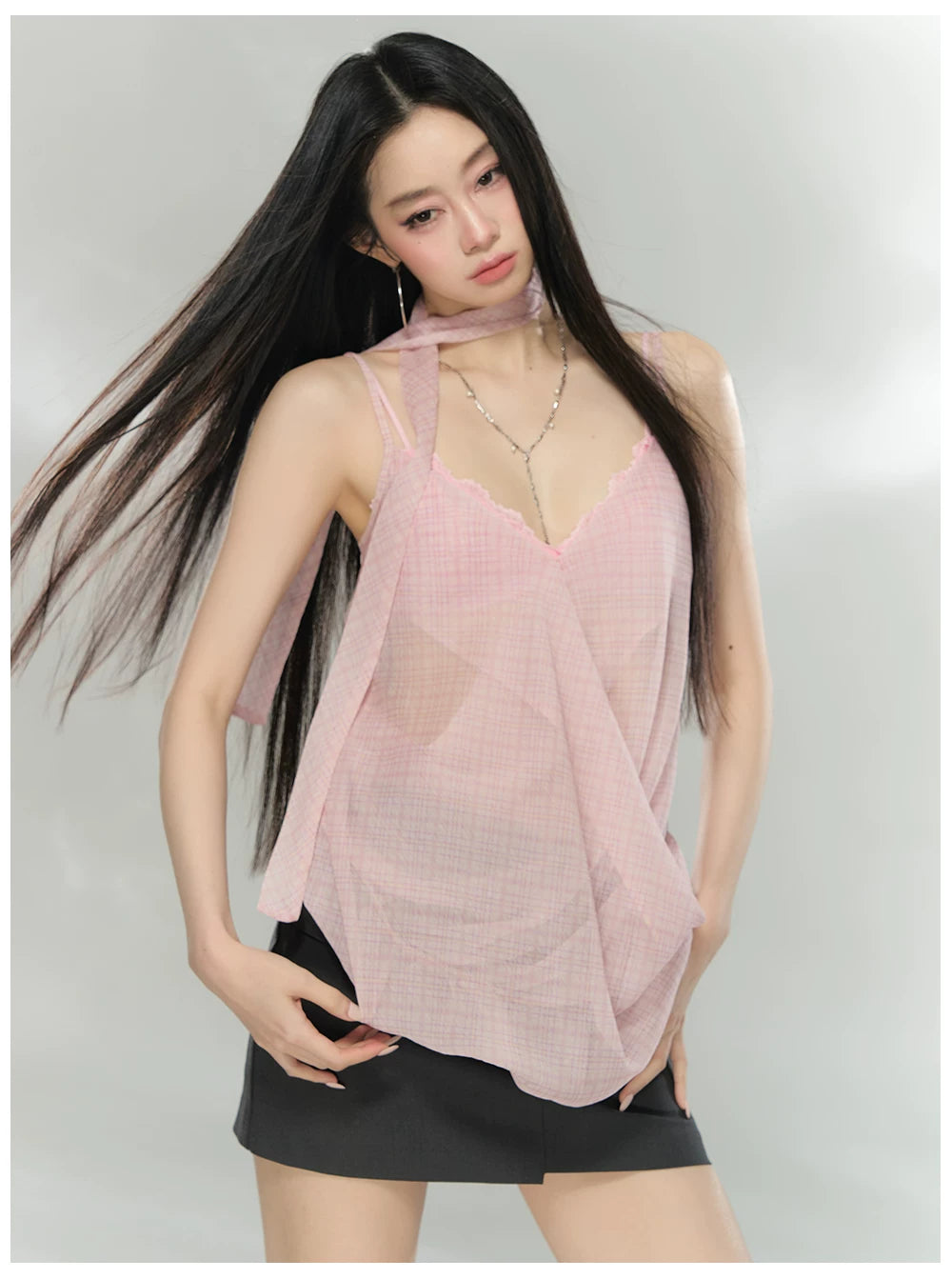 Asymmetric Ribbon Tie Sheer V-Neck Camisole