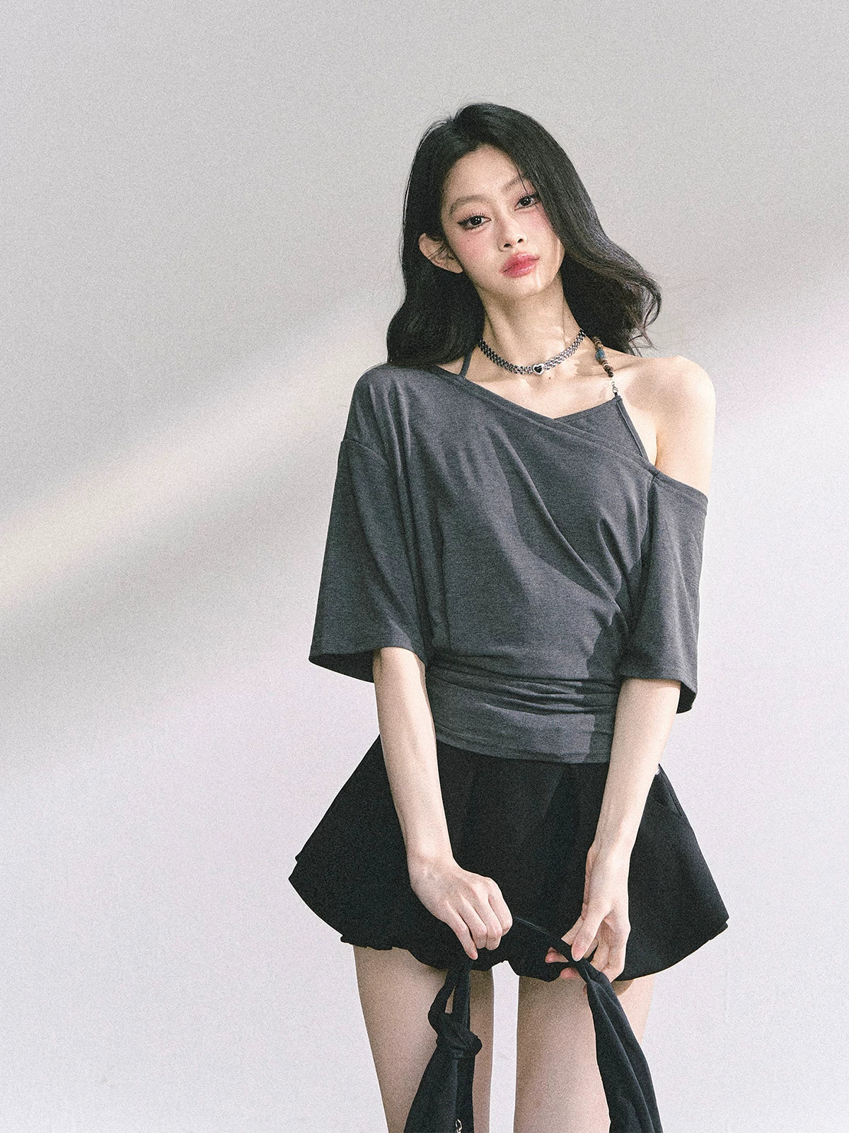 Asymmetric Short-Sleeve Halter Crop T-Shirt