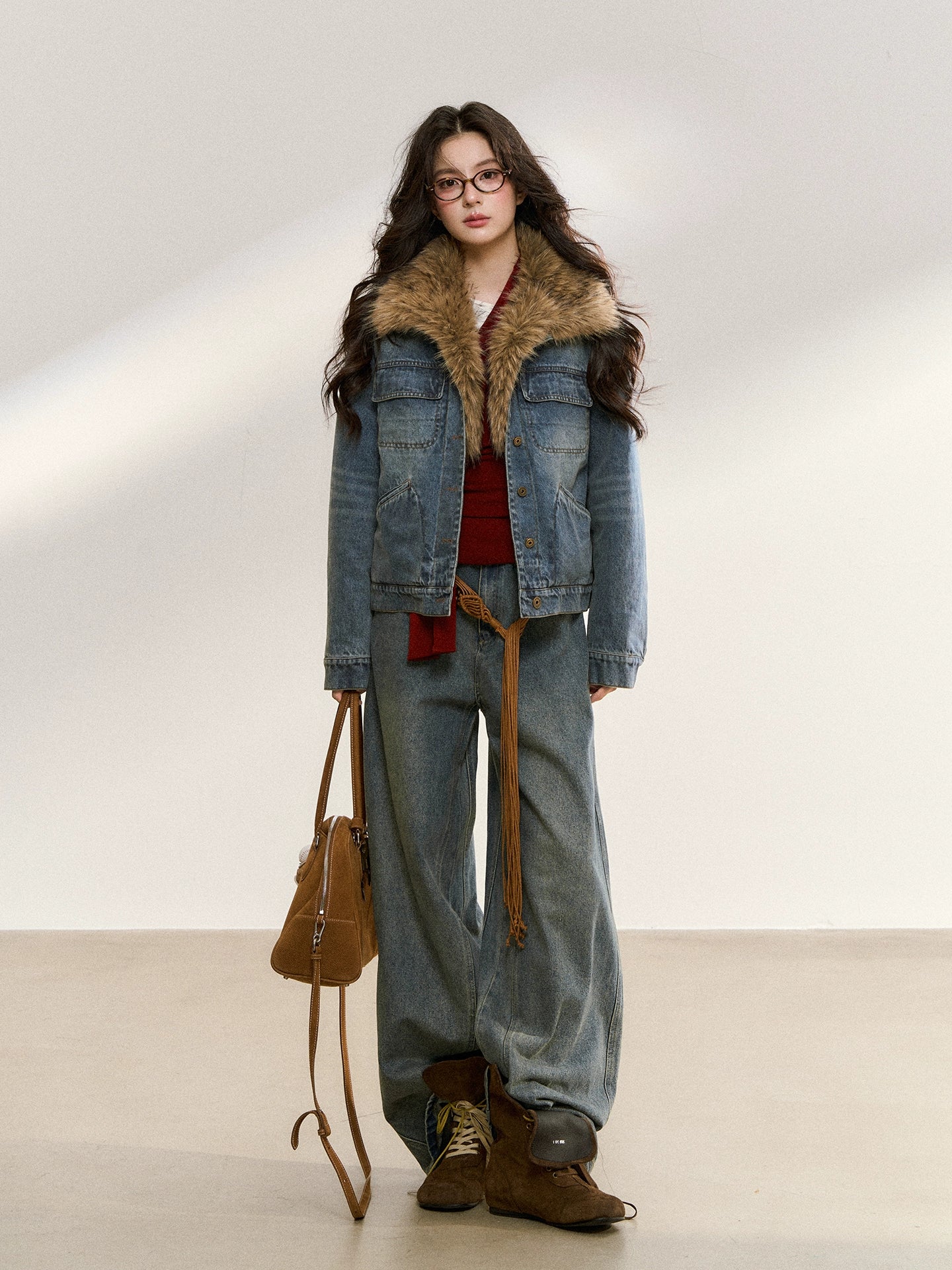 Faux Fur Collar Denim Jacket - CHINASQUAD