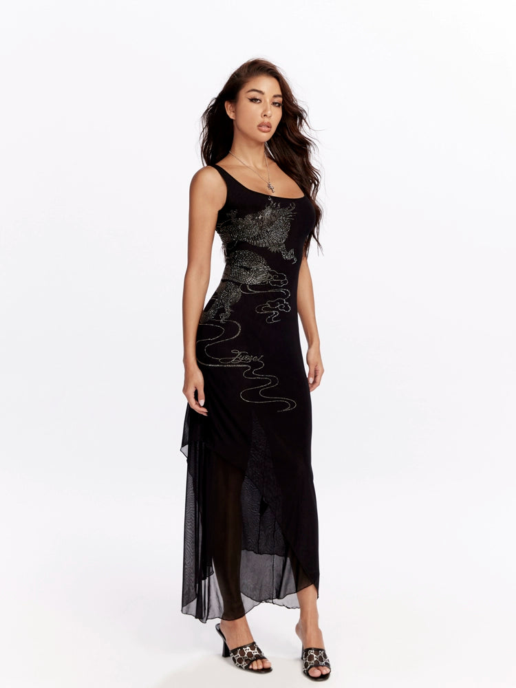 Noir Dragon Crystal Mesh Maxi Dress