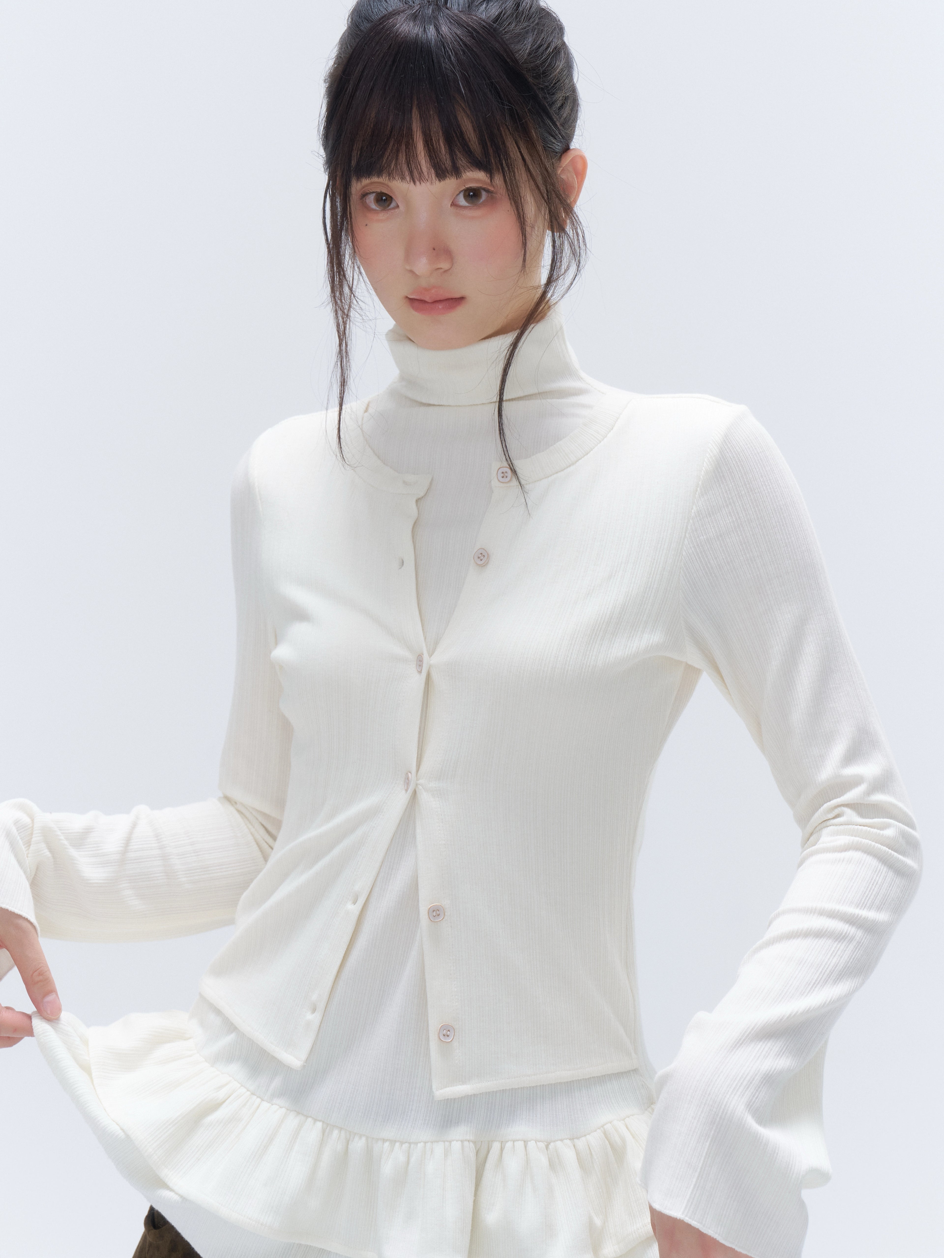 Faux Layered Ruffle-Trim Base Turtleneck