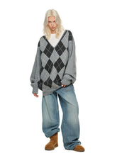 Argyle V-Neck Loose Knit Sweater - CHINASQUAD