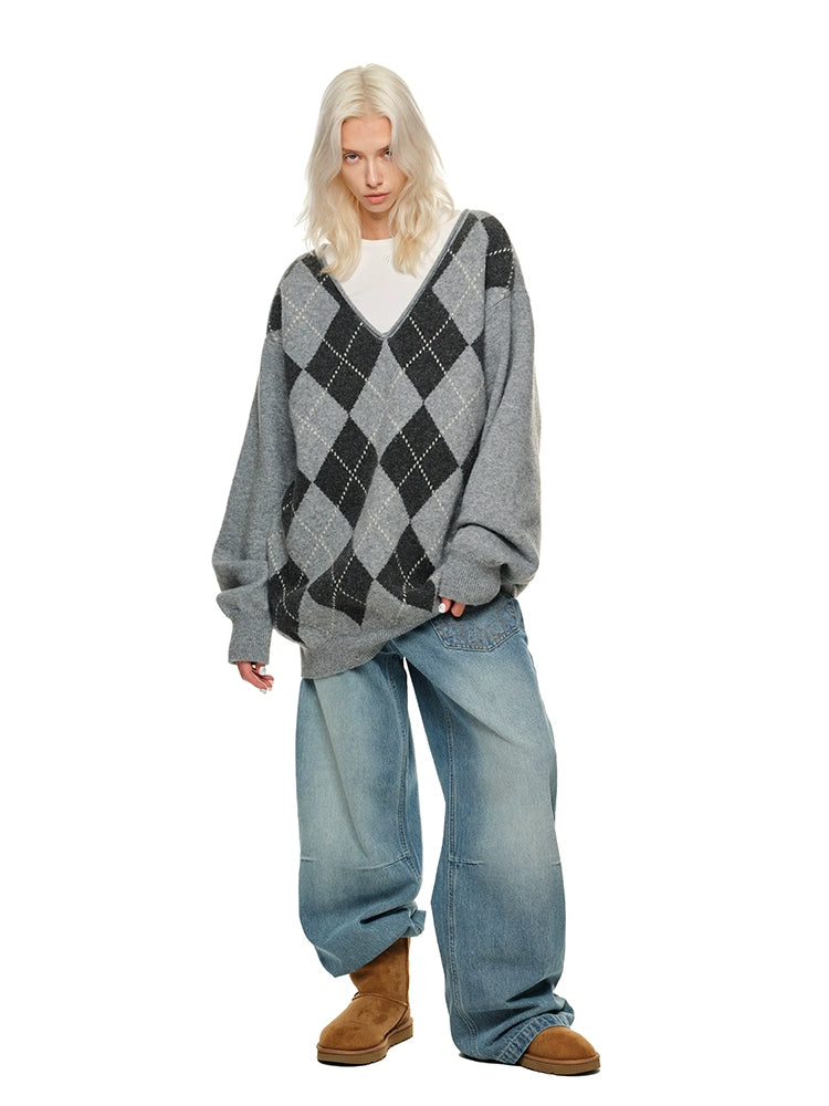Argyle V-Neck Loose Knit Sweater - CHINASQUAD