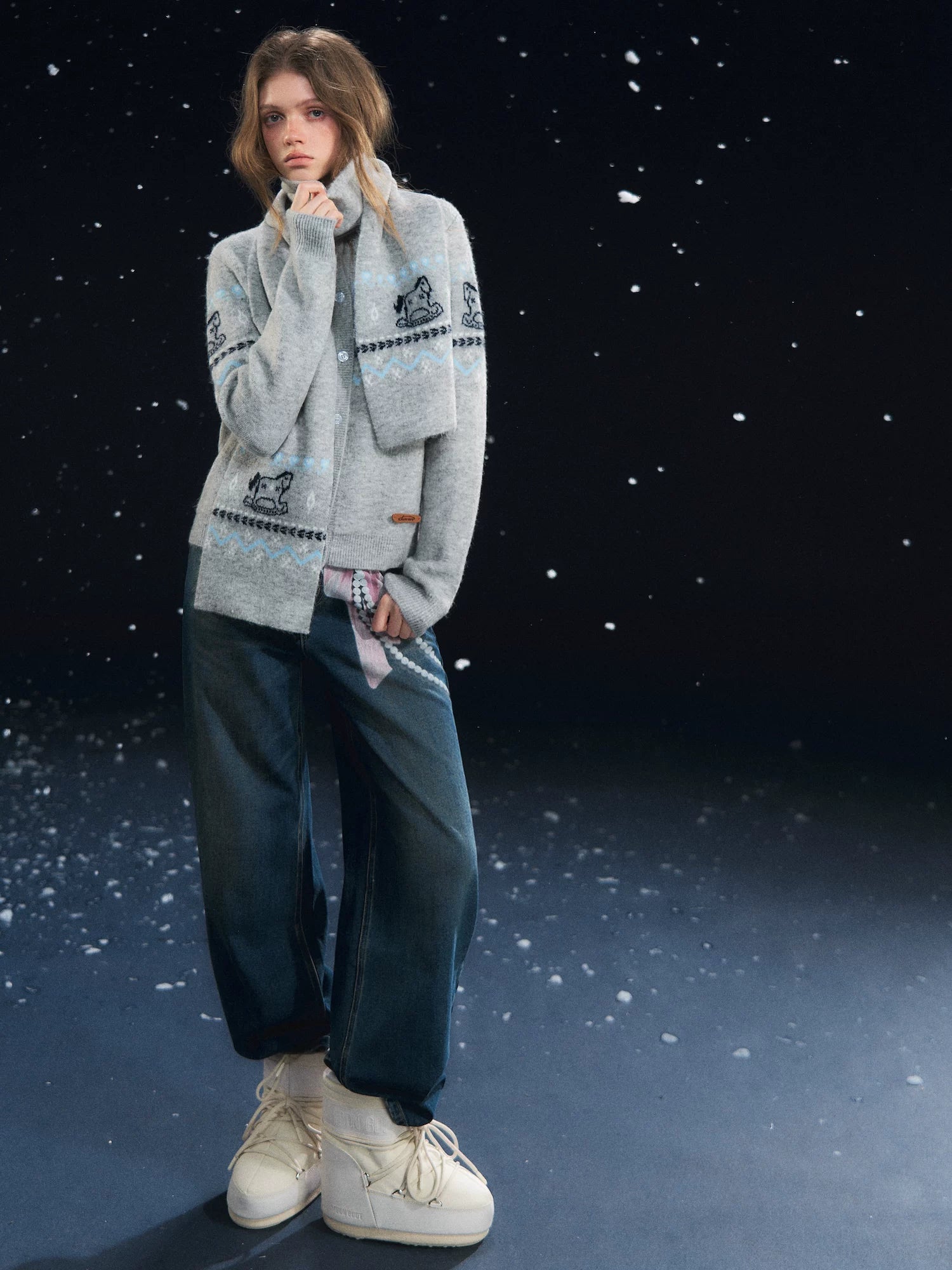 Fair Isle Scarf & Cardigan Two-Piece Set