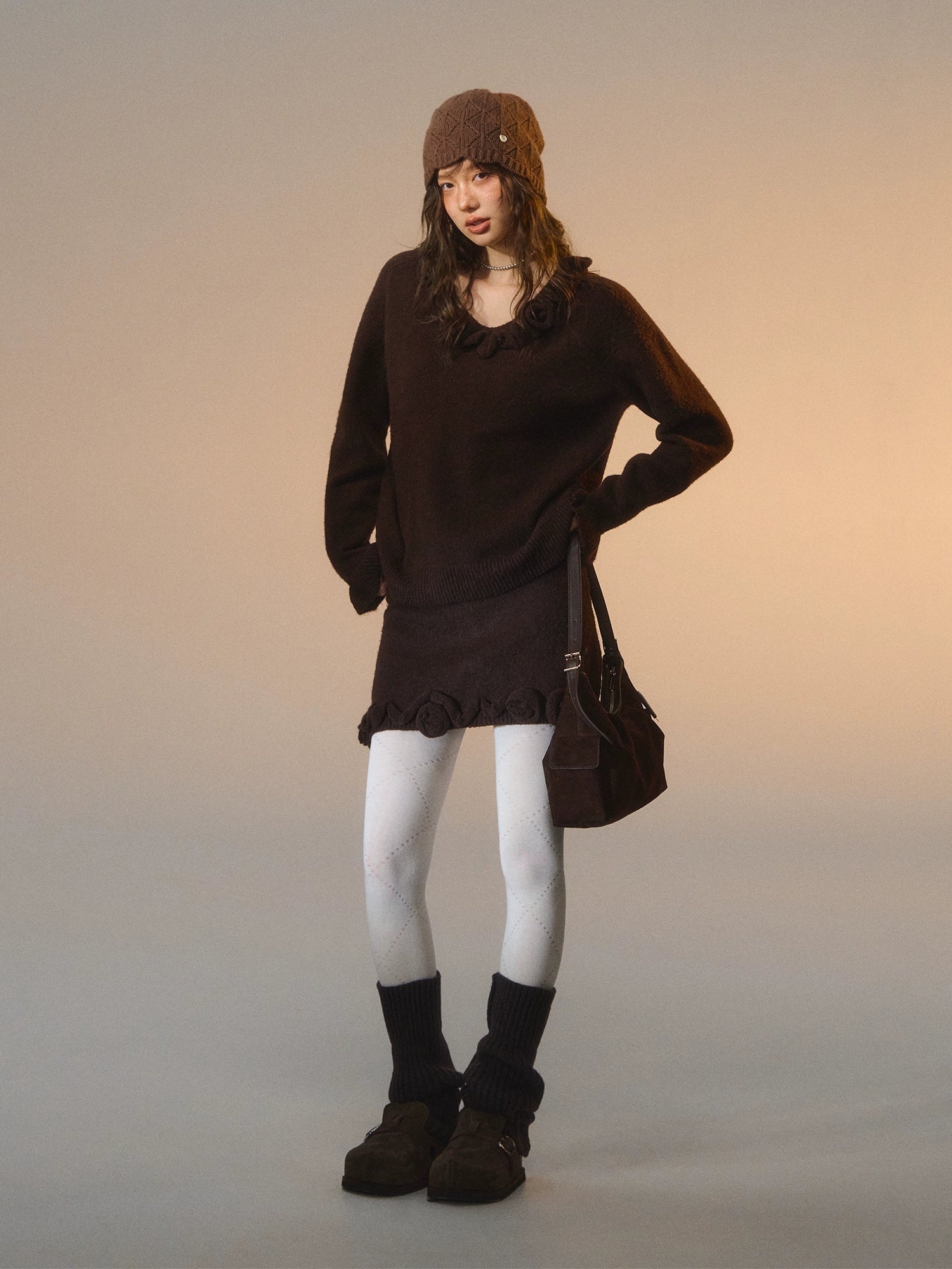 3D Rose V-Neck Knit Sweater & A-Line Knit Skirt Set