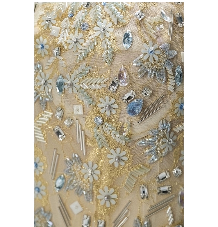 Blue Tears Ruffled Tulle Gown with Embellished Bodice