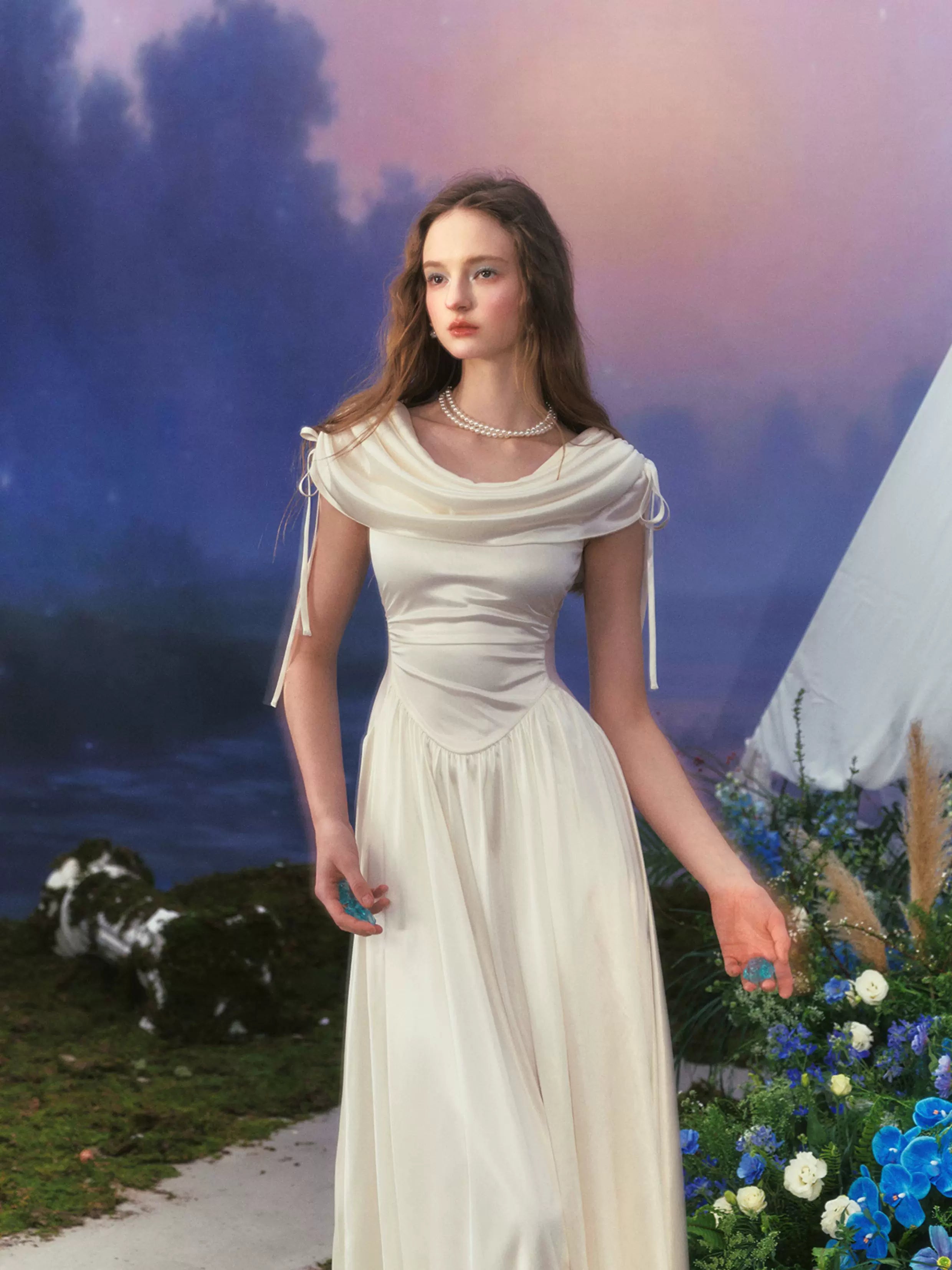 White French Court-Style Draped-Neck Dress