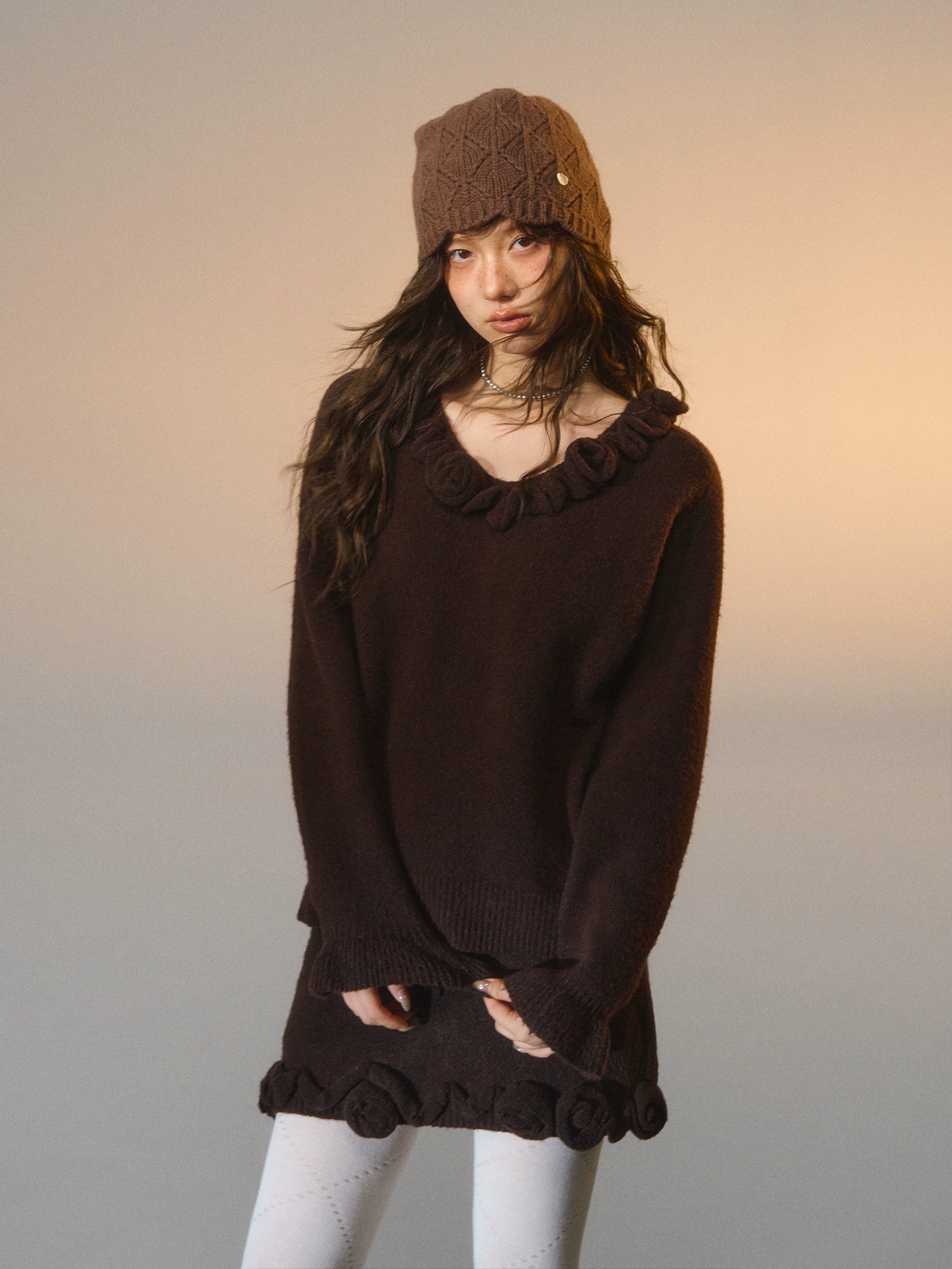 3D Rose V-Neck Knit Sweater & A-Line Knit Skirt Set