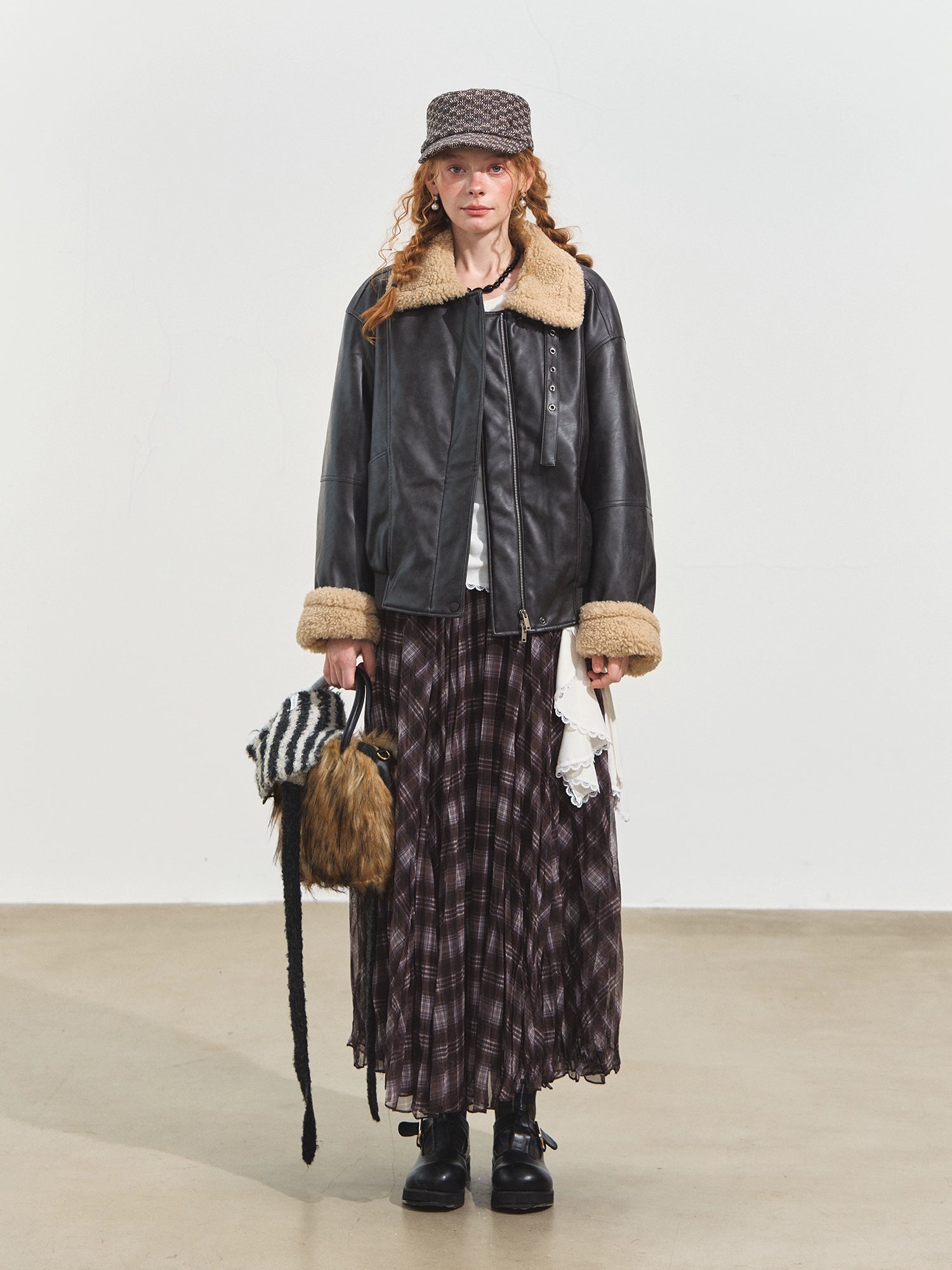 Lamb Wool Collar Faux Leather Biker Jacket - CHINASQUAD