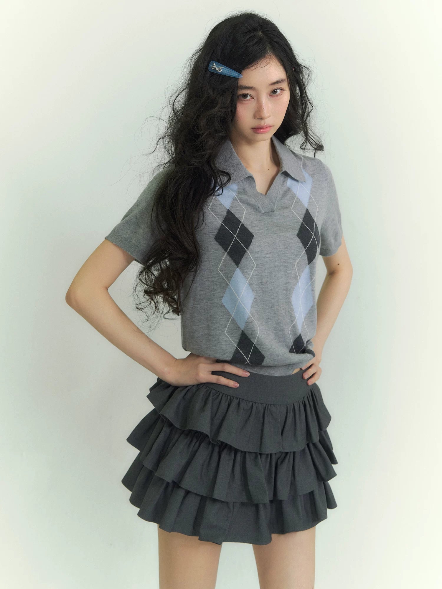 Diamond Panel Colorblock Polo Knit Top